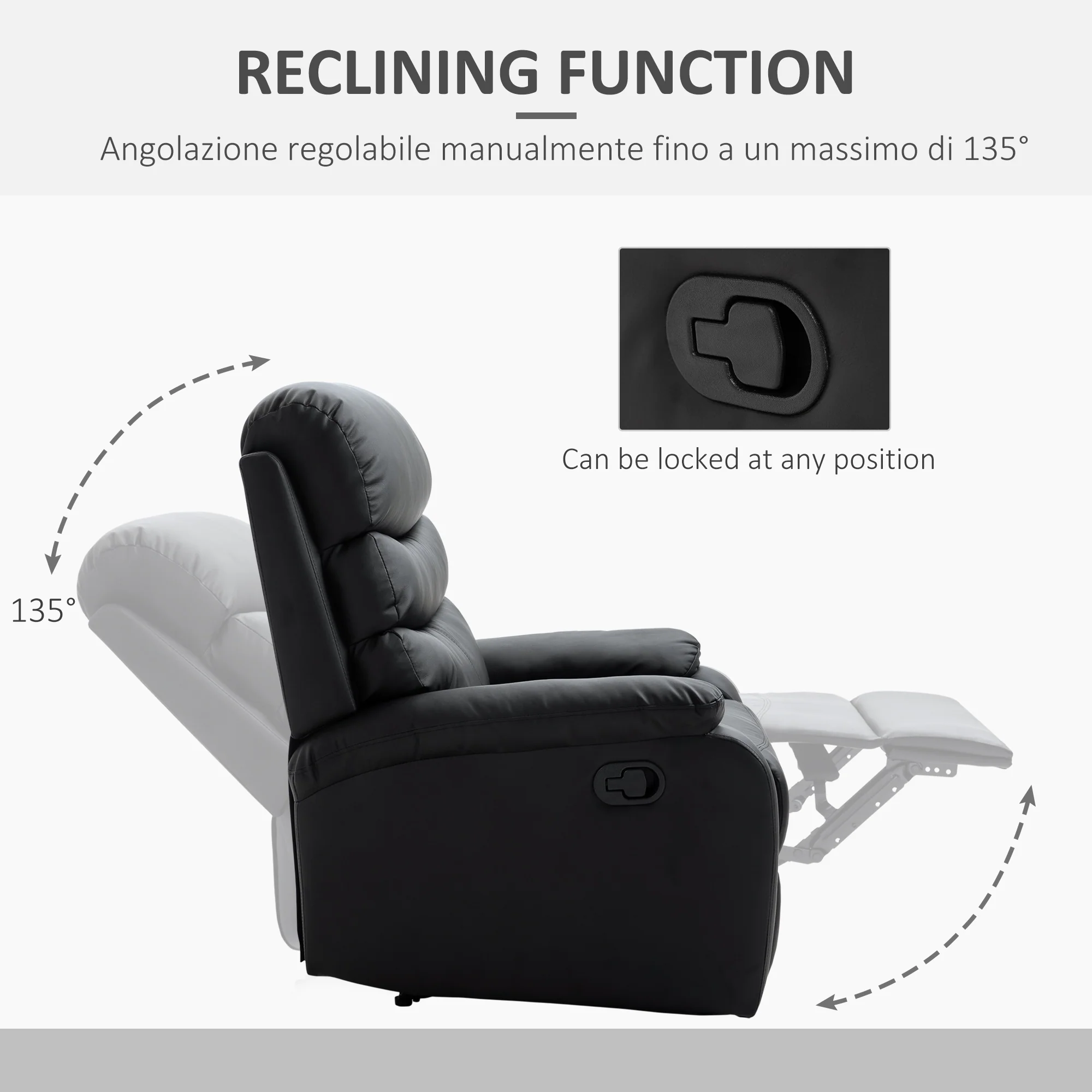 PU Leather Manual Reclining Chair with Adjustable Leg Rest and Backrest, Black - Image 6