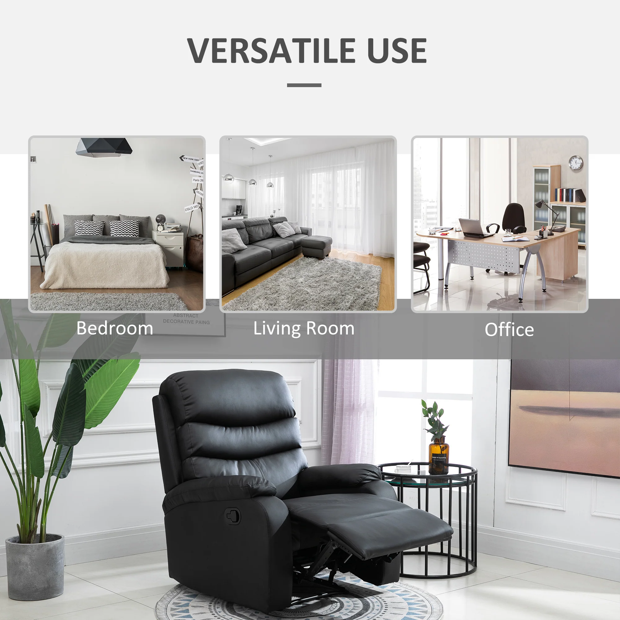 PU Leather Manual Reclining Chair with Adjustable Leg Rest and Backrest, Black - Image 8