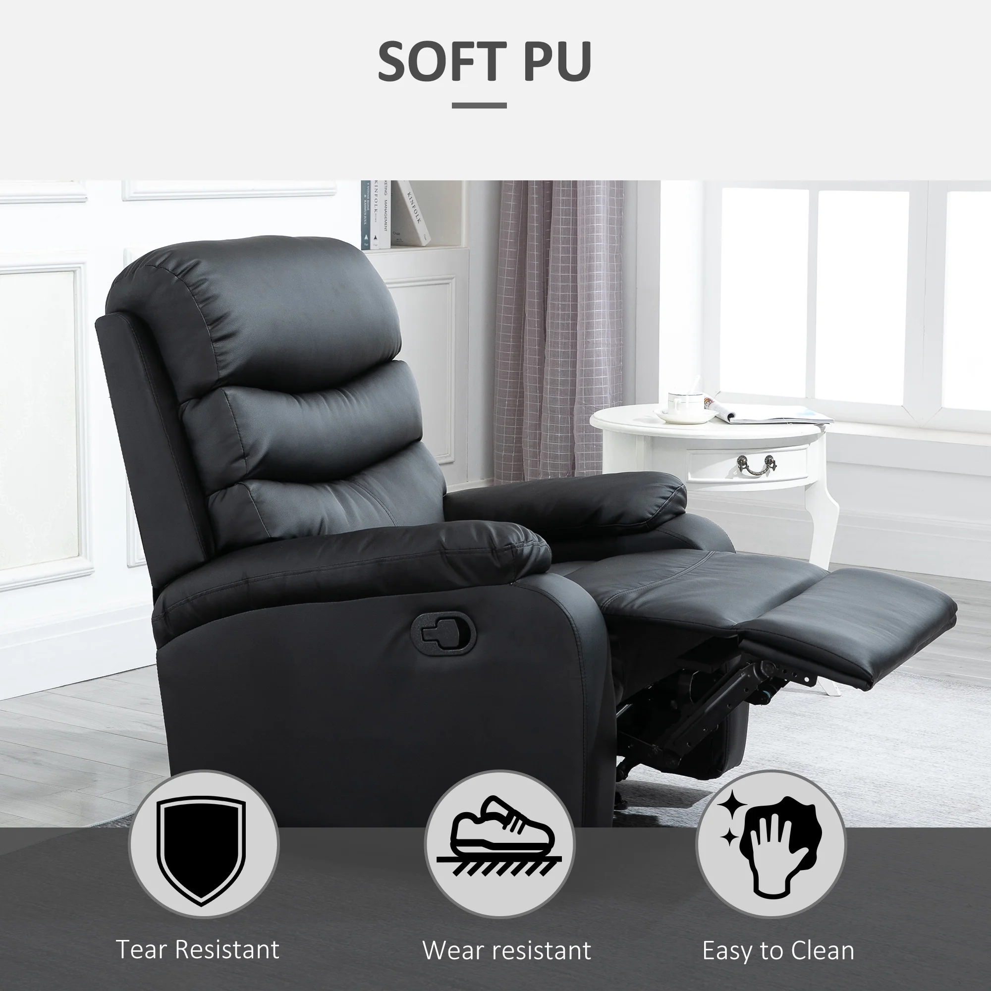 PU Leather Manual Reclining Chair with Adjustable Leg Rest and Backrest, Black - Image 9
