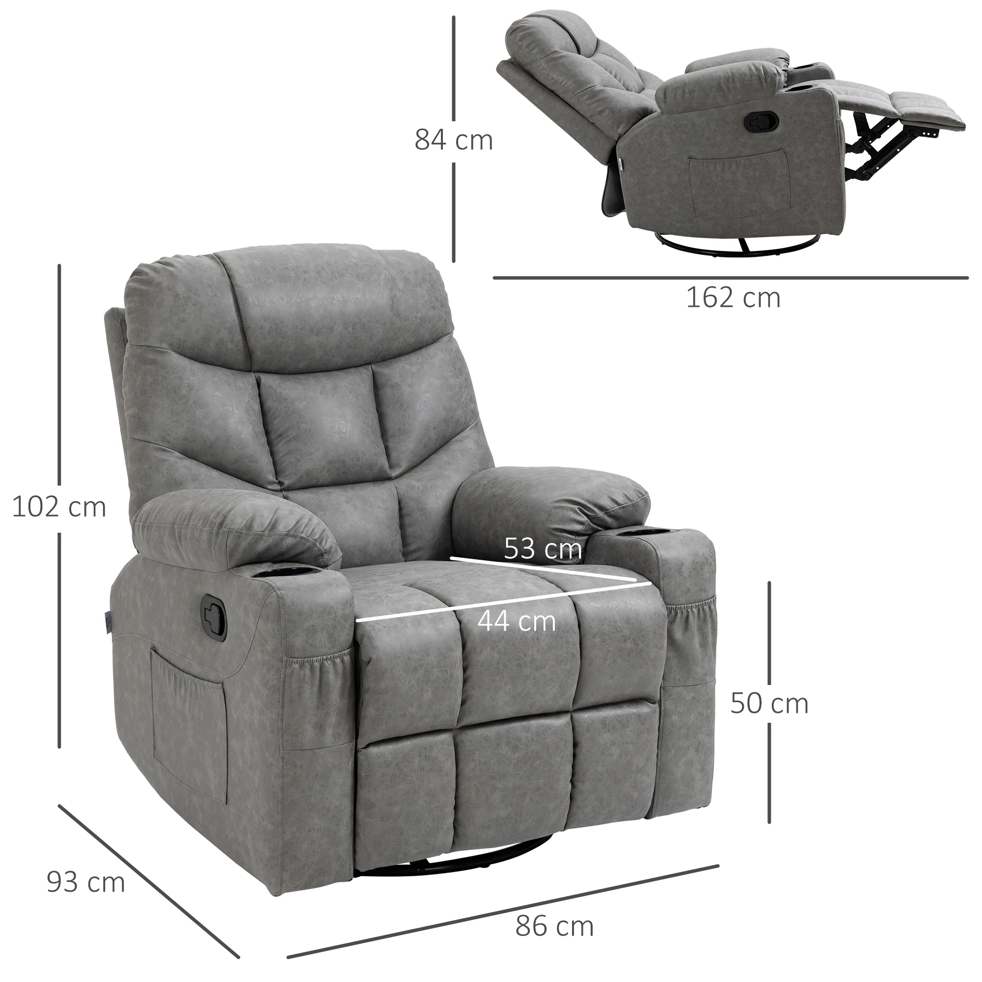 Swivel PU Leather Manual Reclining Chair with Adjustable Footrest, Drink Holders, Light Grey - Image 5