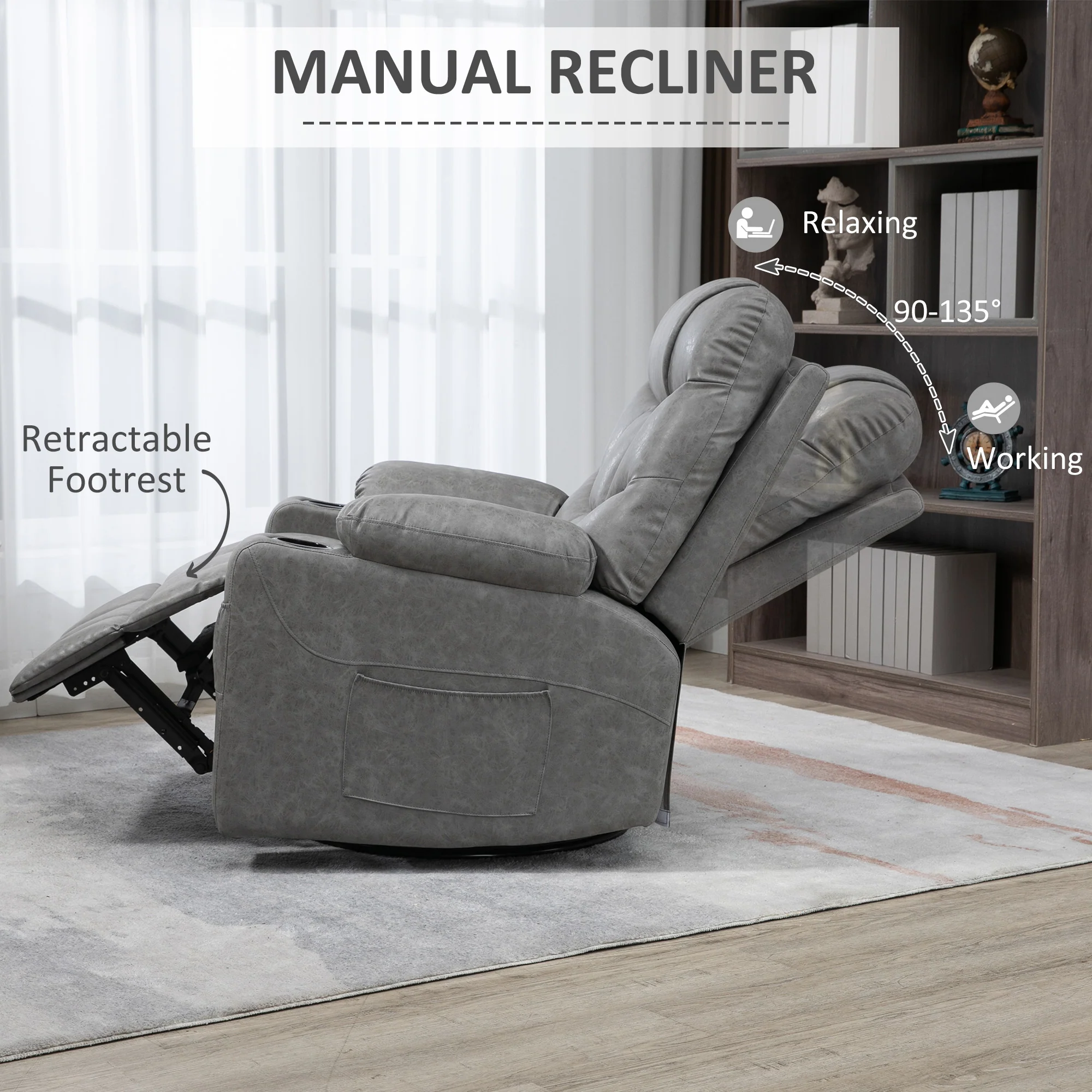 Swivel PU Leather Manual Reclining Chair with Adjustable Footrest, Drink Holders, Light Grey - Image 6