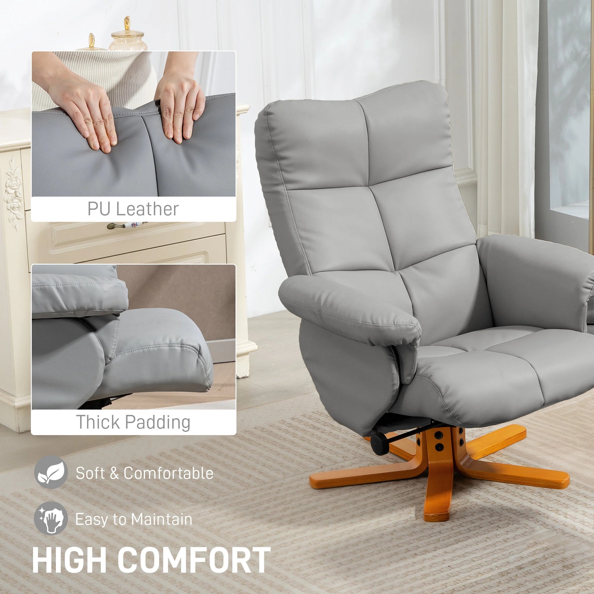 Recliner Armchair, Swivel Reclining Chair With Ottoman, Swivel Faux Leather Chair with Wooden Base and Storage Footstool for Living Room, Light Grey - Image 8