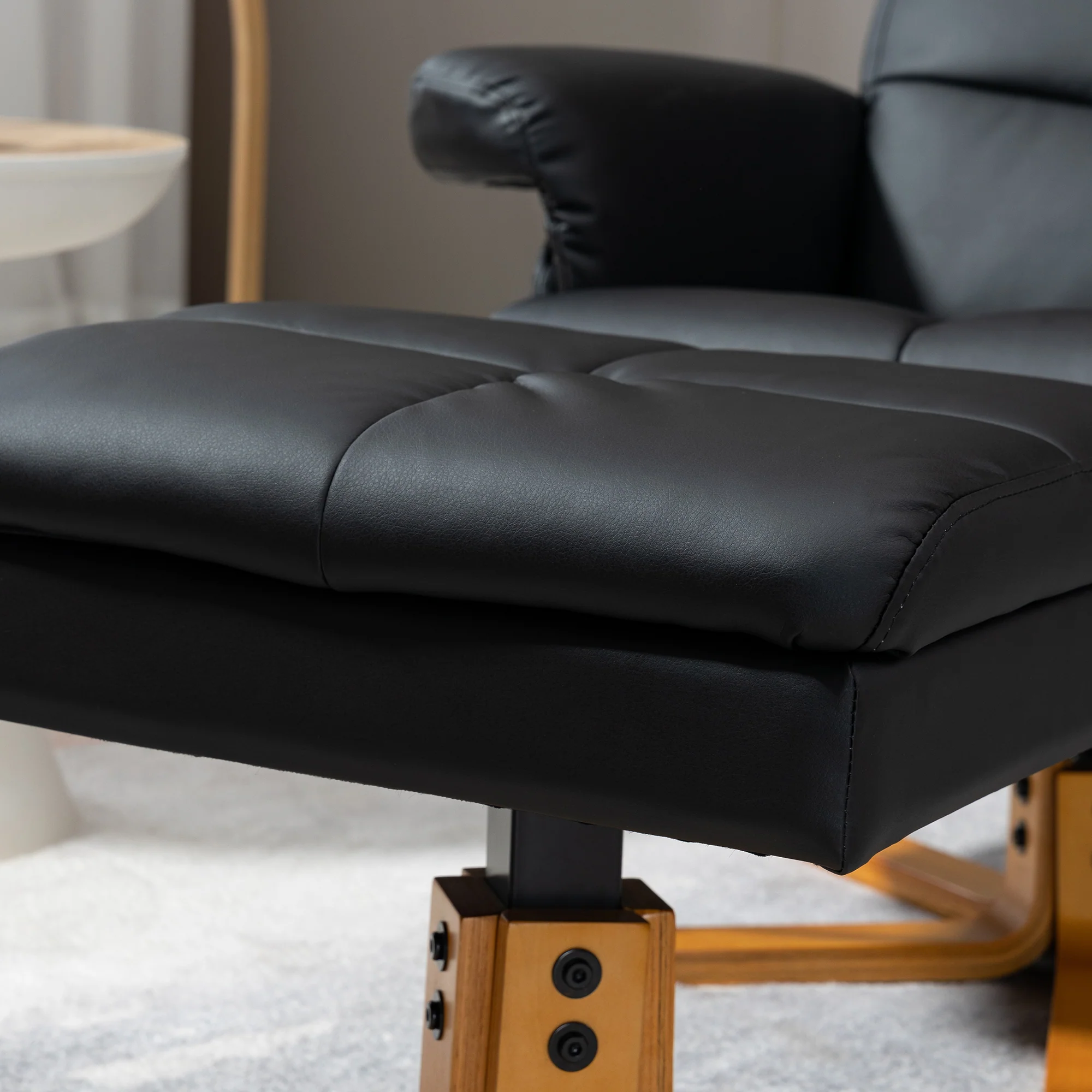 Swivel Faux Leather Reclining Chair with Storage Footstool and Wooden Base, Black - Image 10