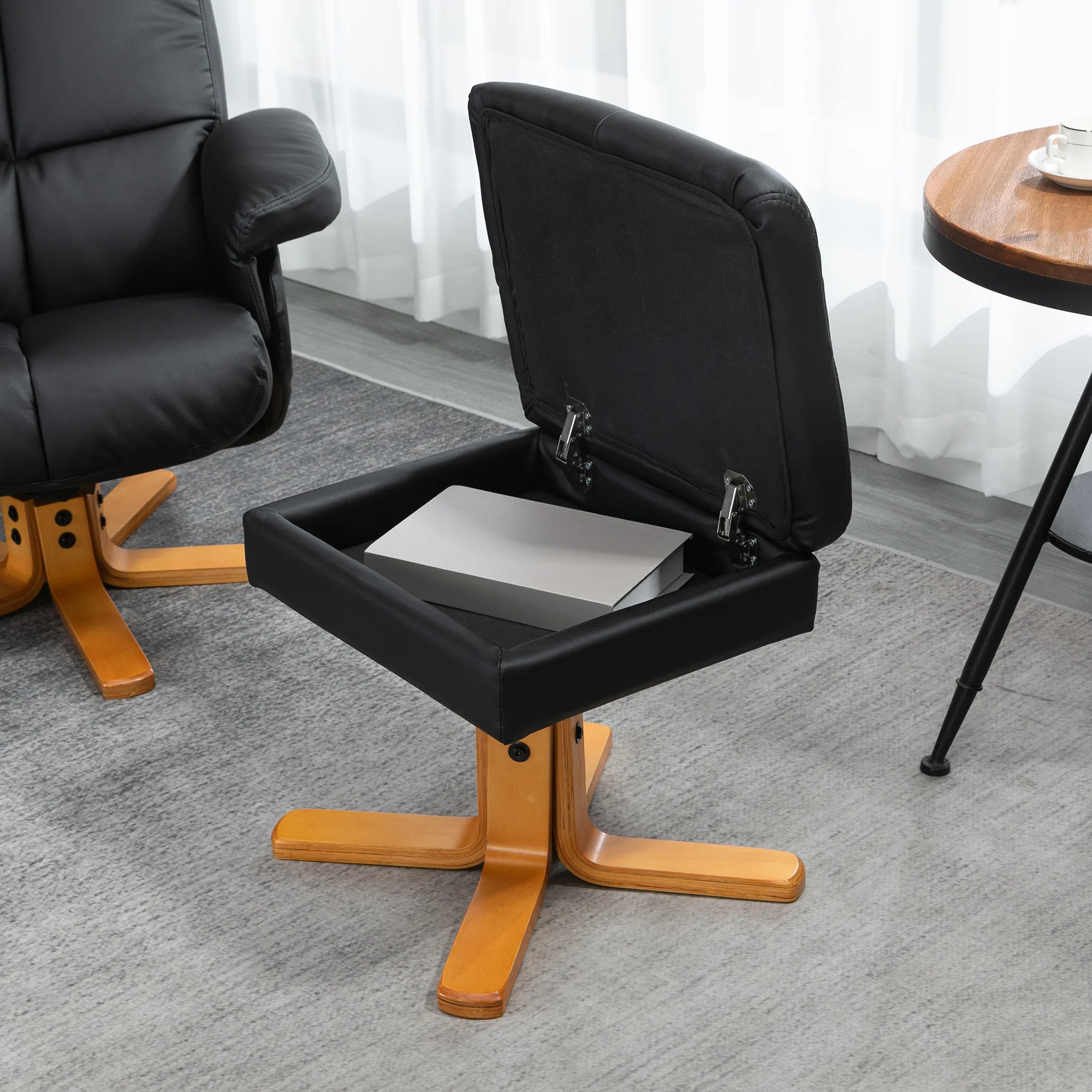 Swivel Faux Leather Reclining Chair with Storage Footstool and Wooden Base, Black - Image 11