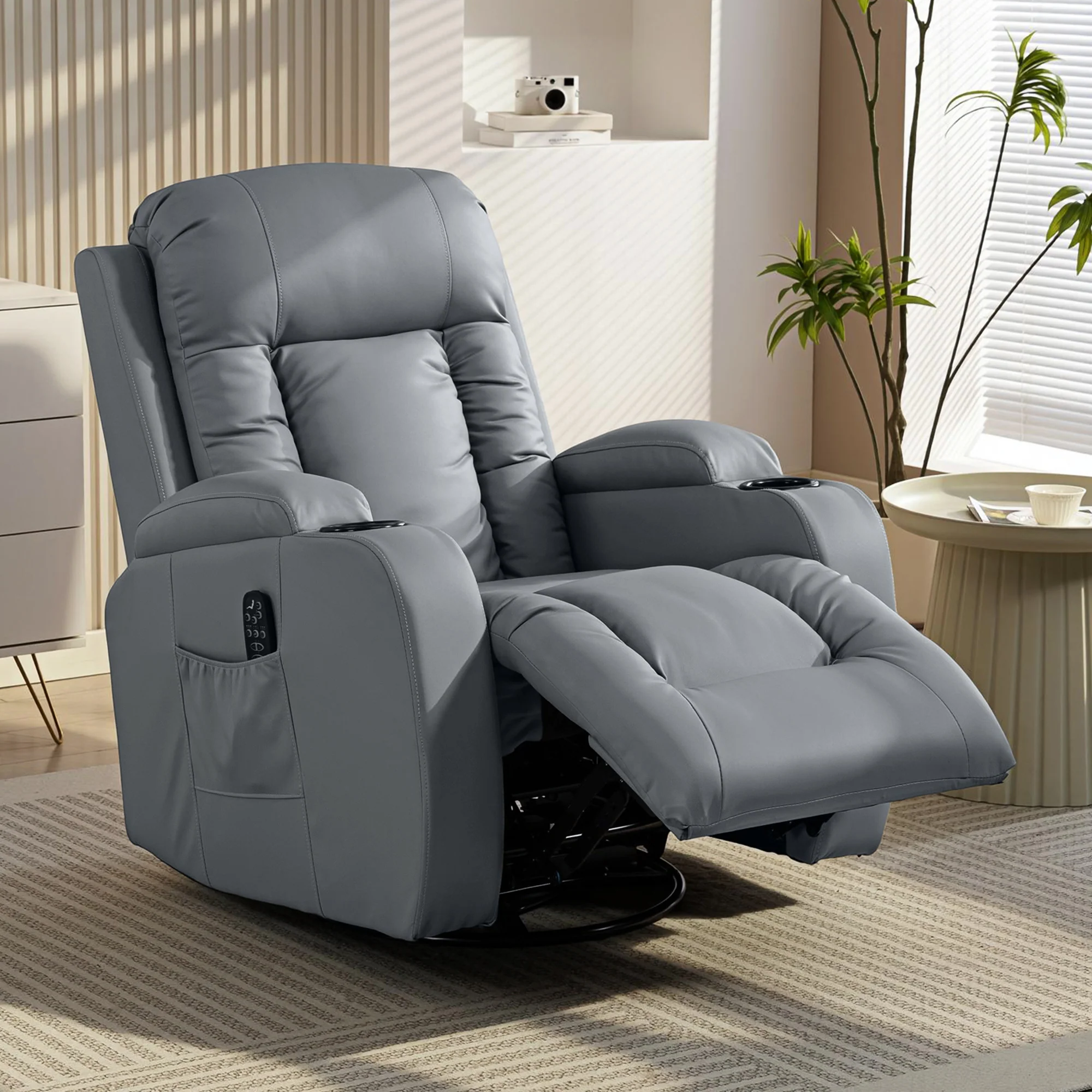 PU Leather Heated Massage Recliner Chair with Swivel & Cup Holders, Grey - Image 10