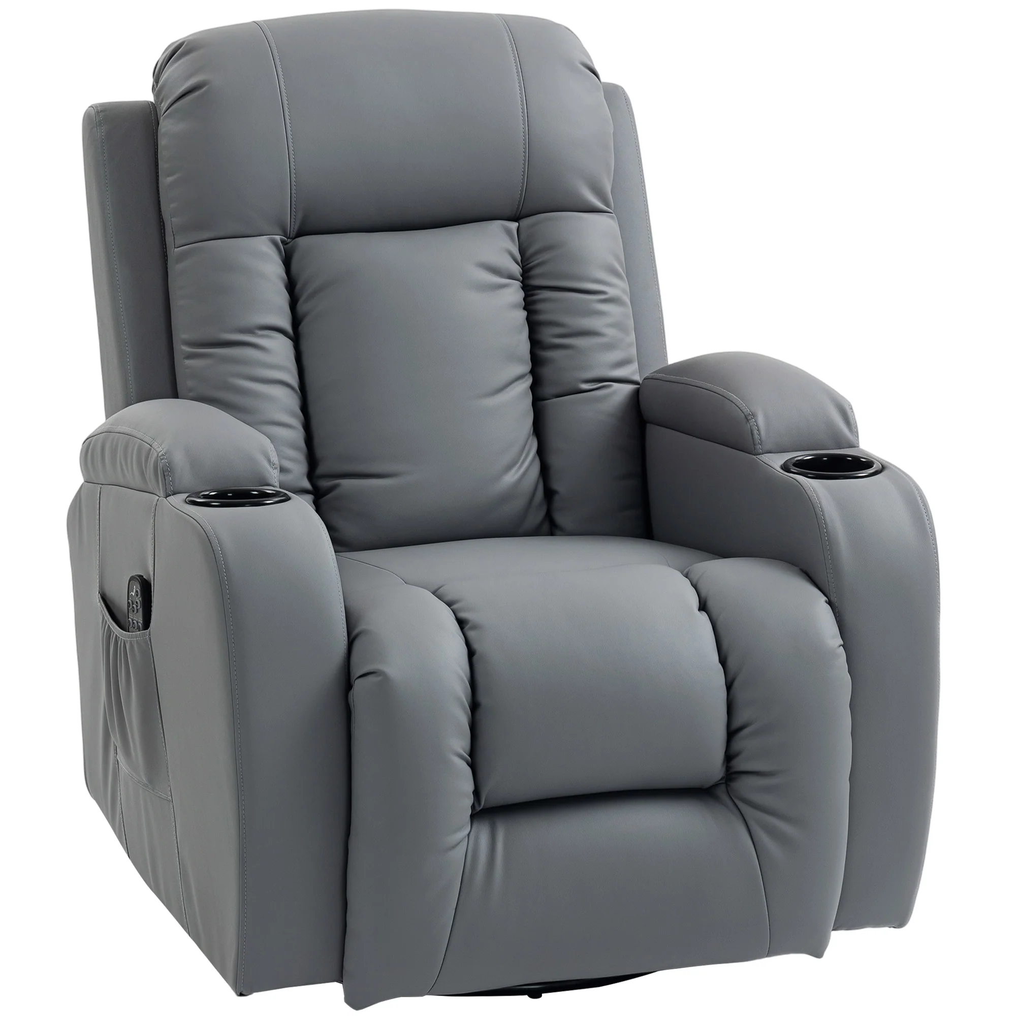 PU Leather Heated Massage Recliner Chair with Swivel & Cup Holders, Grey - Image 12