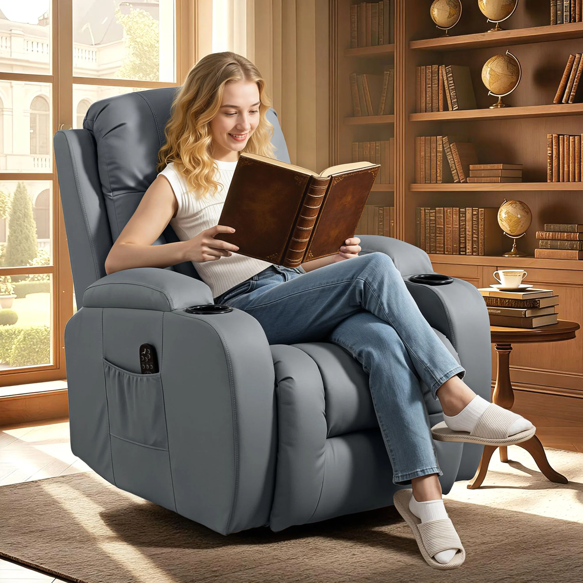 PU Leather Heated Massage Recliner Chair with Swivel & Cup Holders, Grey - Image 3