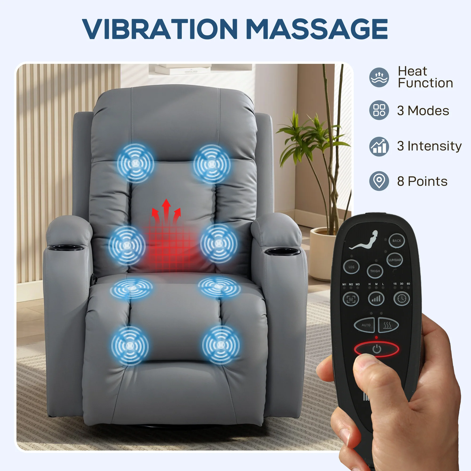 PU Leather Heated Massage Recliner Chair with Swivel & Cup Holders, Grey - Image 6