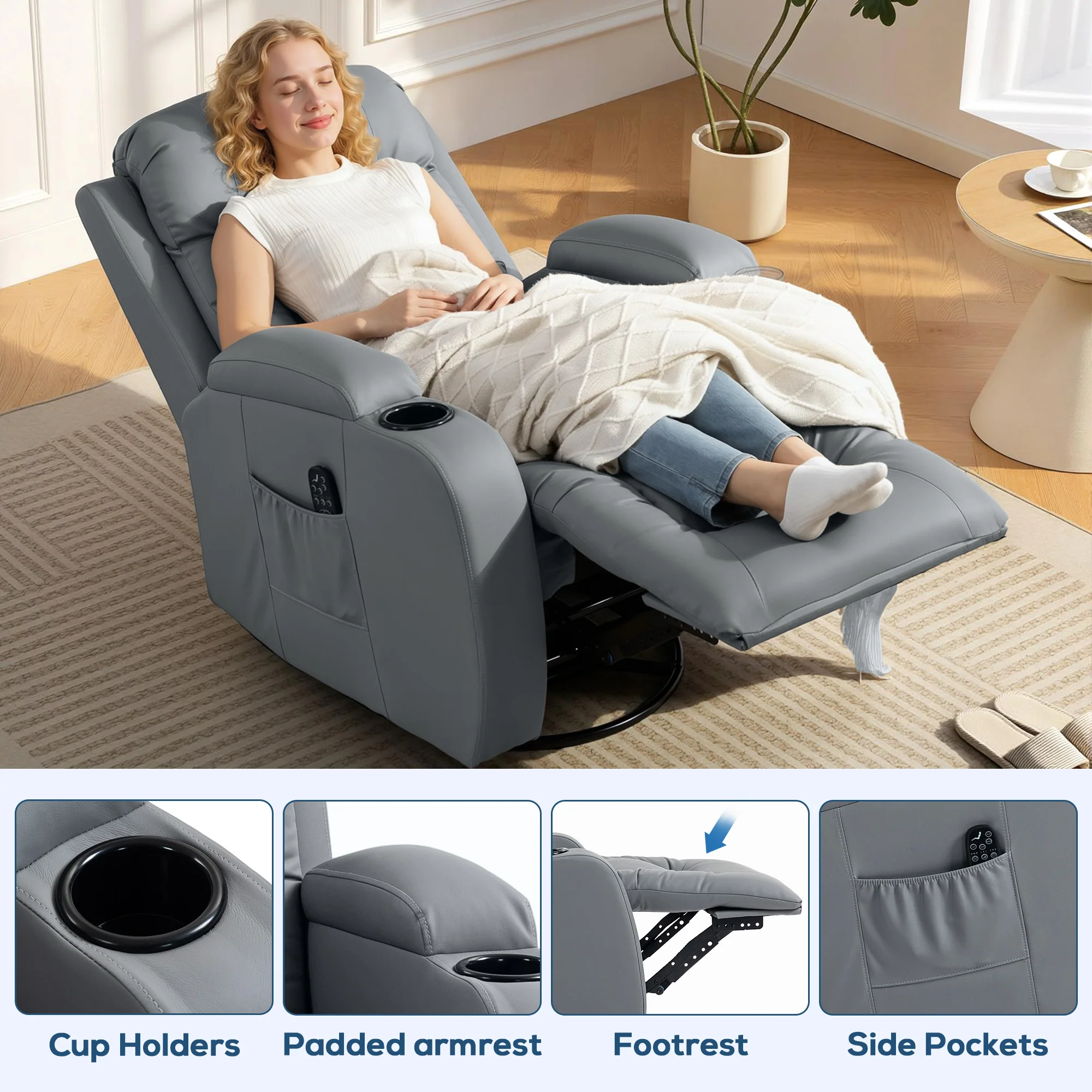 PU Leather Heated Massage Recliner Chair with Swivel & Cup Holders, Grey - Image 9