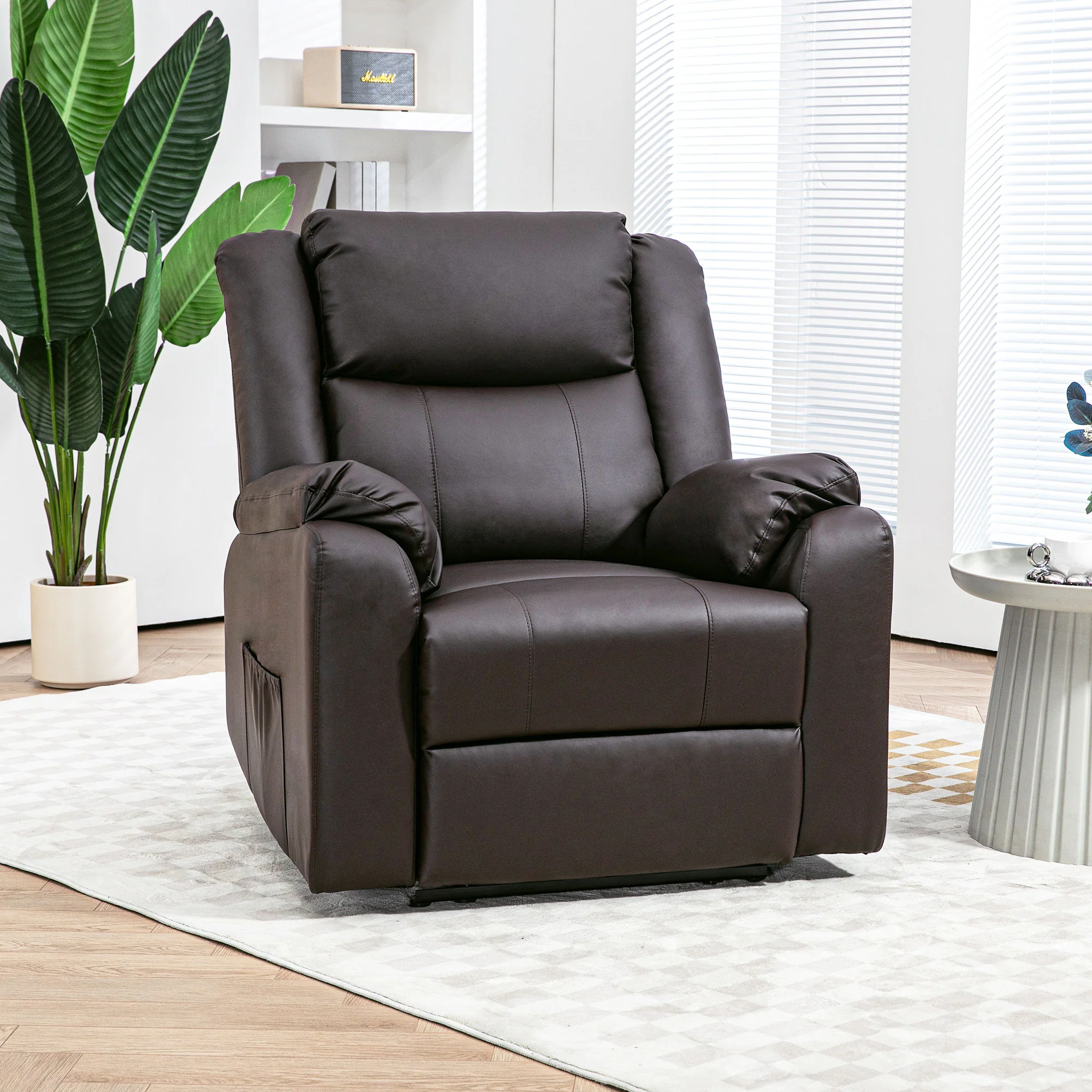 PU Leather Recliner Chair with Footrest Side Pockets Thick Padding, Brown - Image 3
