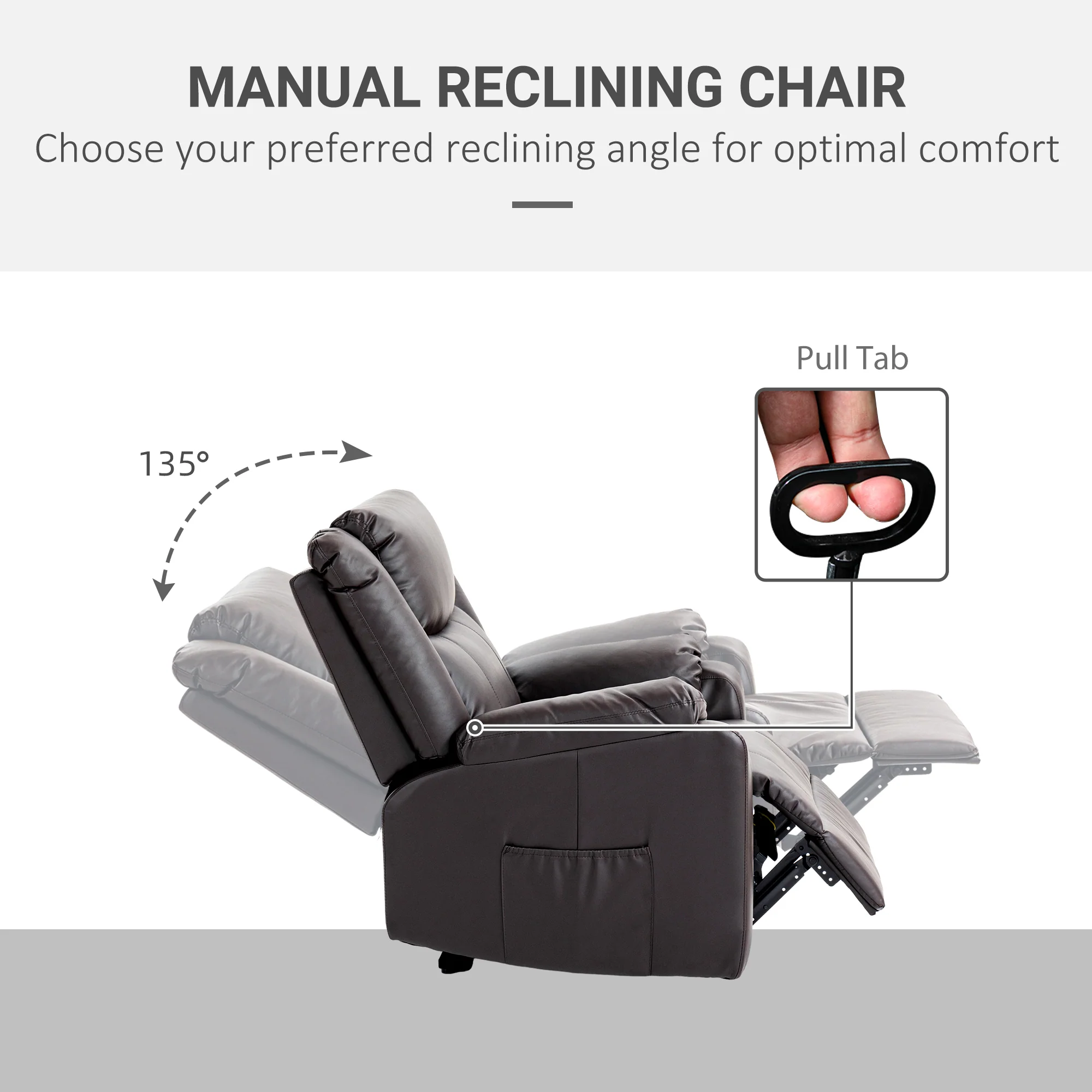 PU Leather Recliner Chair with Footrest Side Pockets Thick Padding, Brown - Image 6
