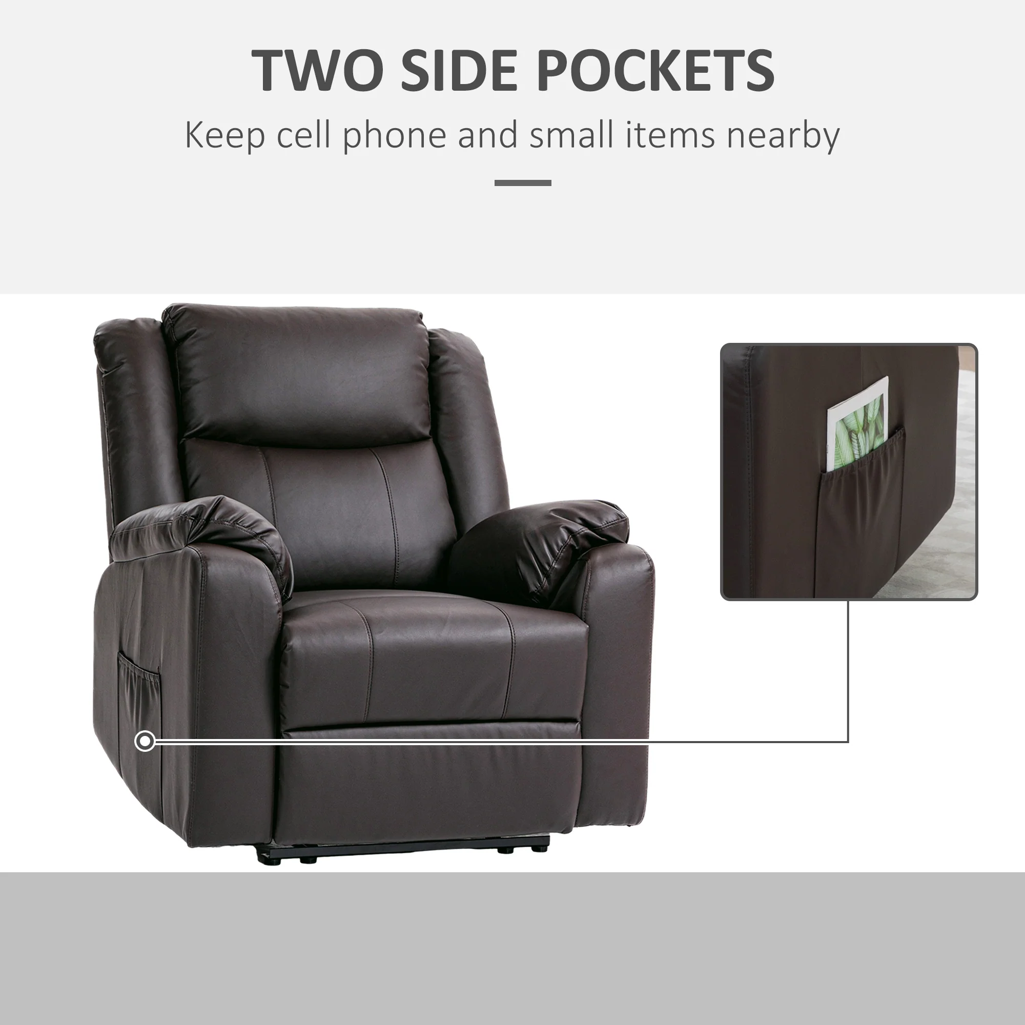 PU Leather Recliner Chair with Footrest Side Pockets Thick Padding, Brown - Image 8