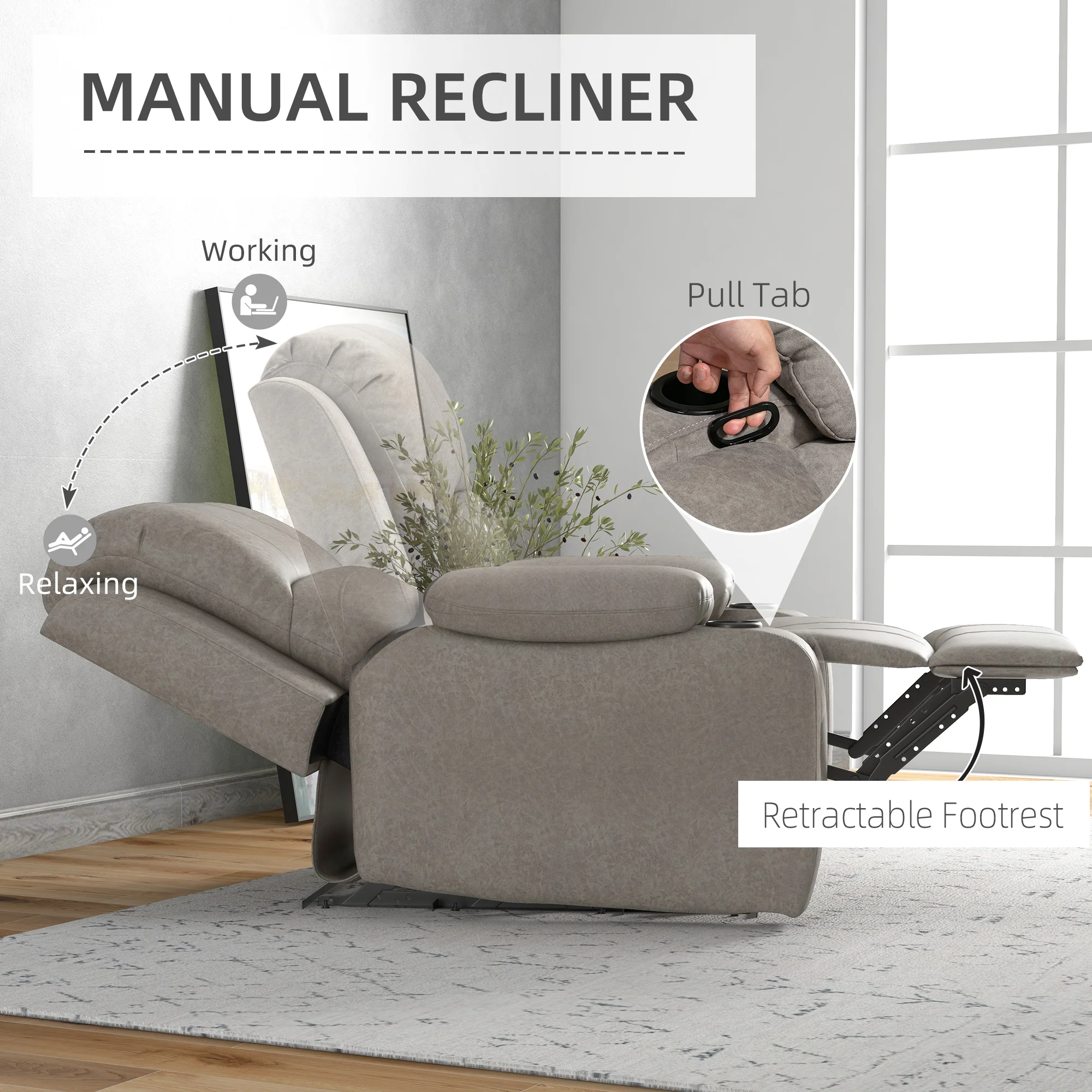 Microfibre Recliner Armchair with Adjustable Leg Rest & Cup Holders for Living Room, Brown - Image 6