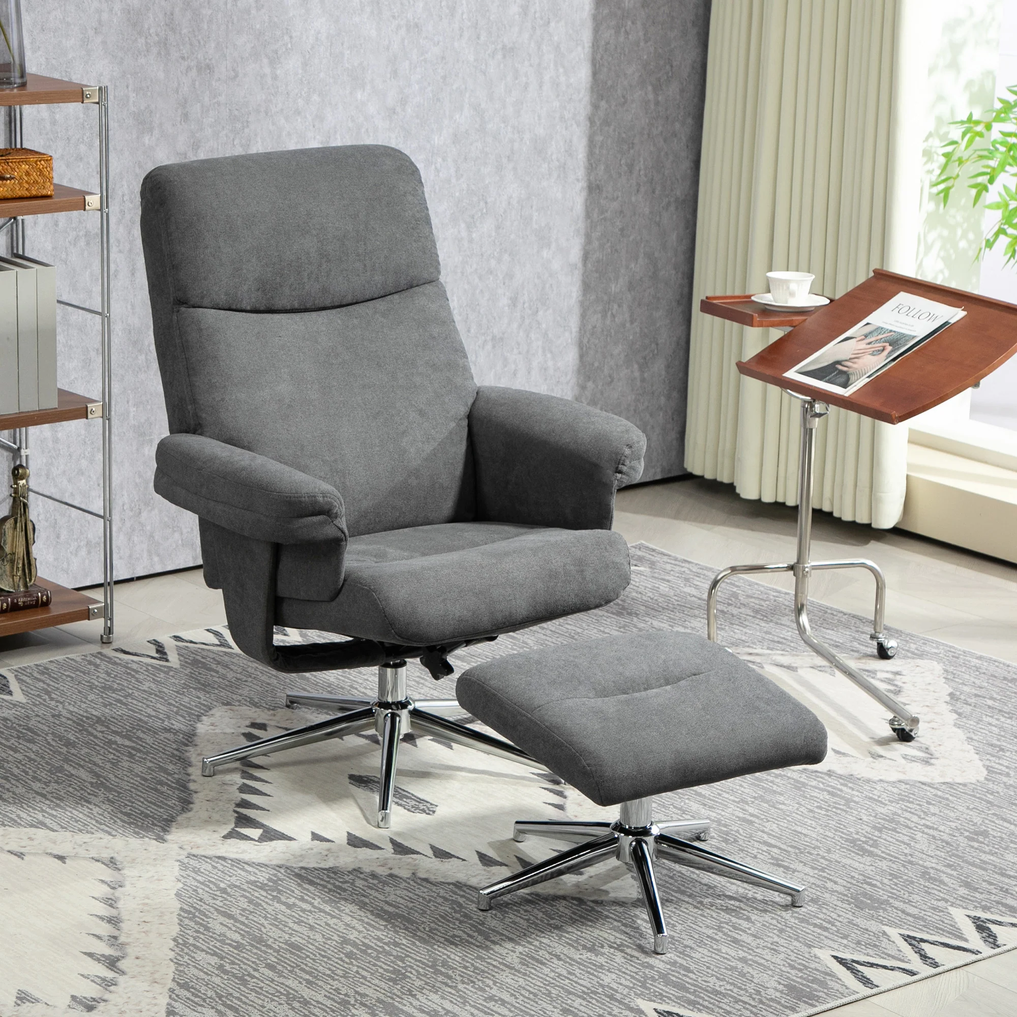 Velvet Fabric Recliner Chair with Footstool & Adjustable Back for Living Room, Charcoal Grey - Image 3