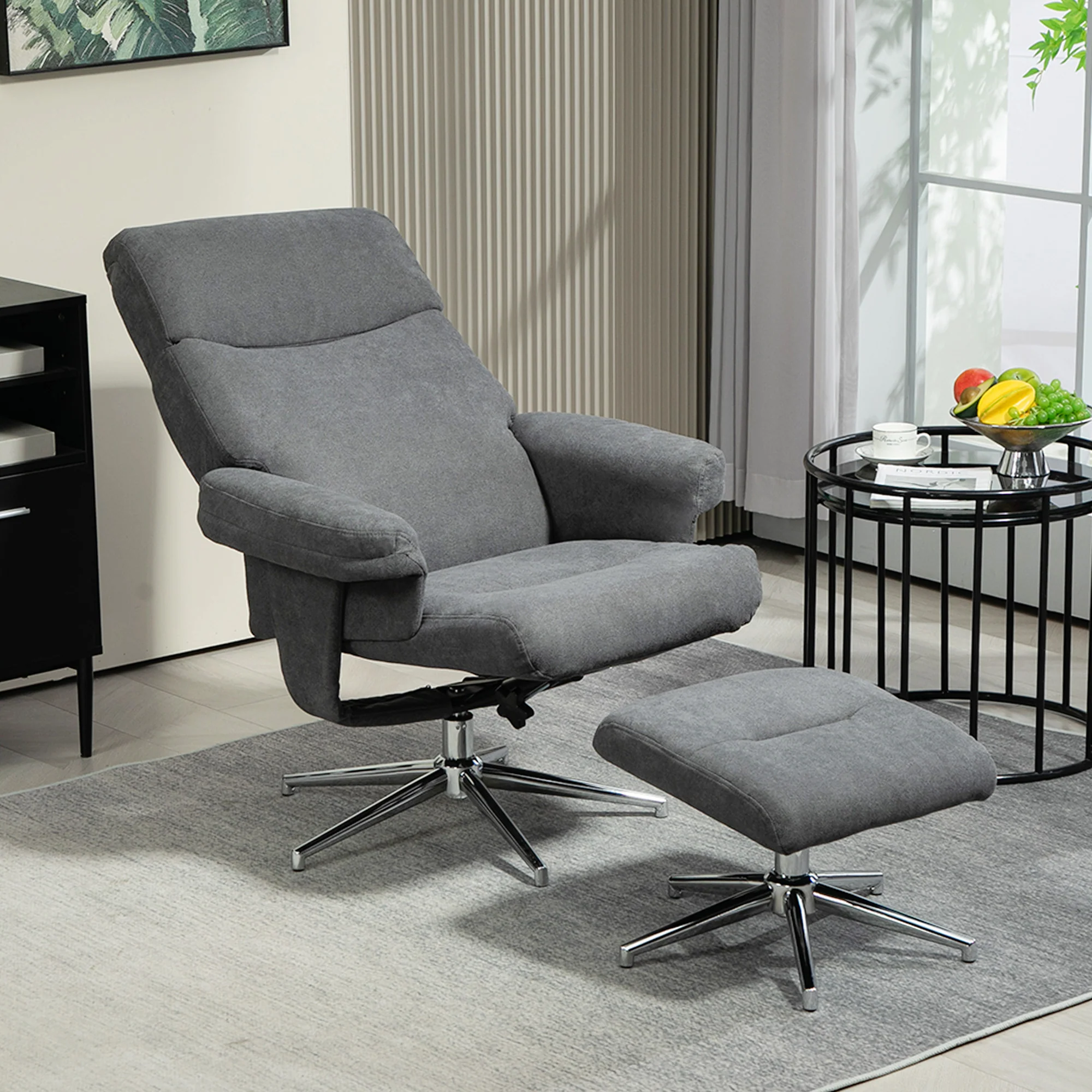 Velvet Fabric Recliner Chair with Footstool & Adjustable Back for Living Room, Charcoal Grey - Image 4