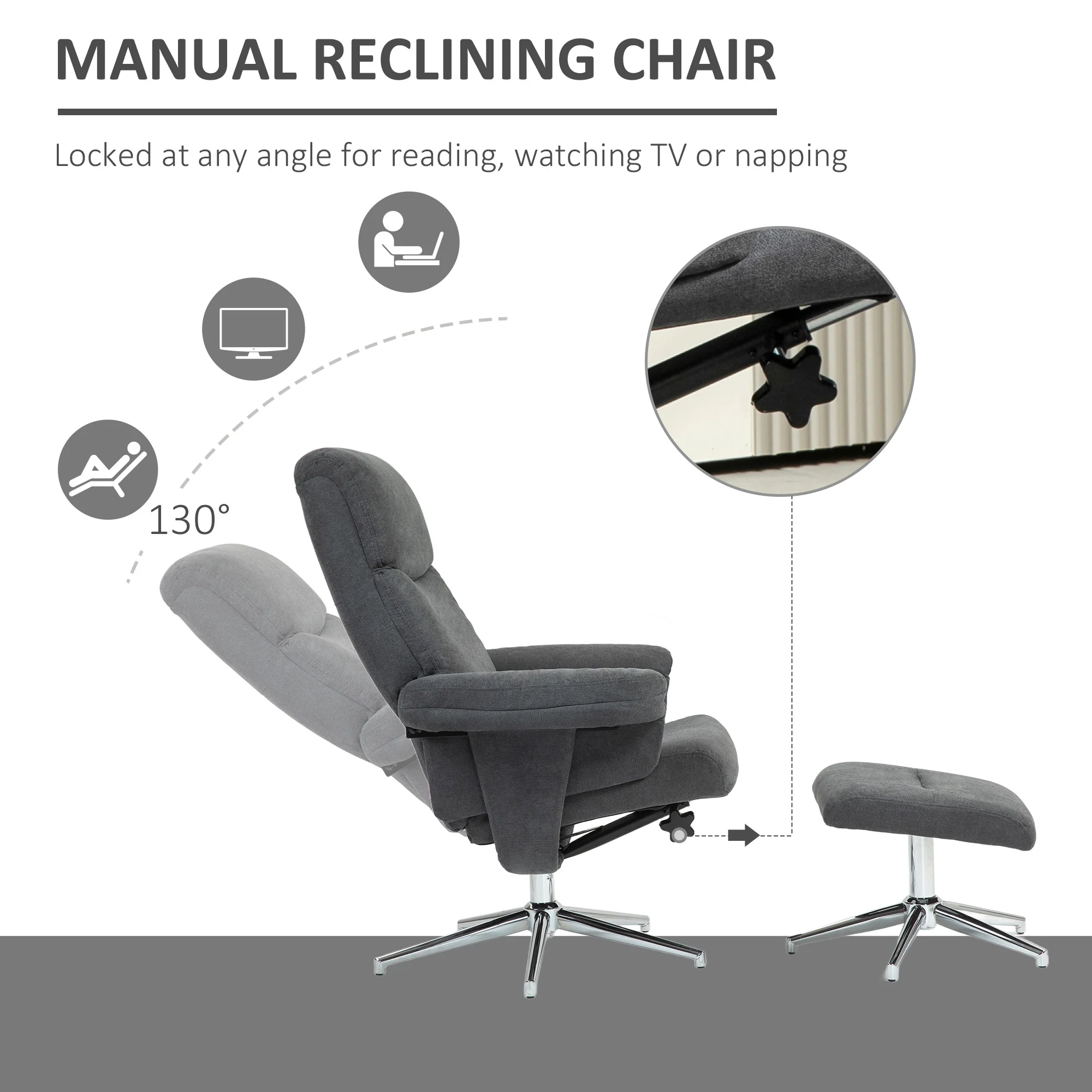 Velvet Fabric Recliner Chair with Footstool & Adjustable Back for Living Room, Charcoal Grey - Image 6