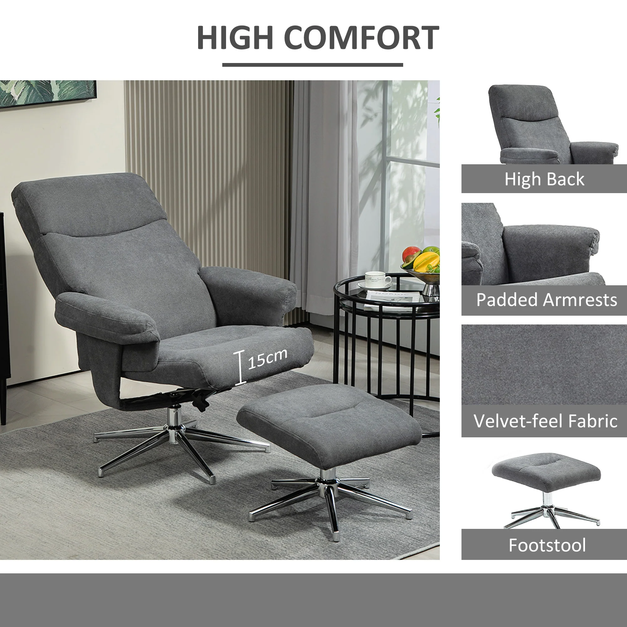 Velvet Fabric Recliner Chair with Footstool & Adjustable Back for Living Room, Charcoal Grey - Image 7