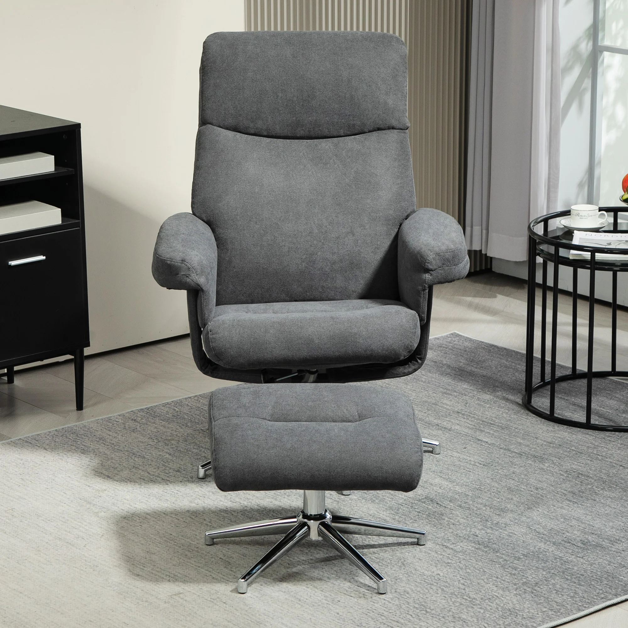 Velvet Fabric Recliner Chair with Footstool & Adjustable Back for Living Room, Charcoal Grey - Image 9