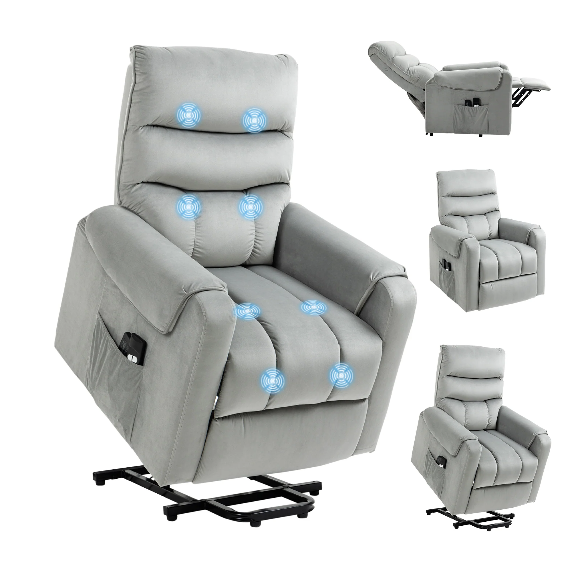 Electric Lift Recliner Chair with 8 Vibration Massage Points & Side Pocket, Grey