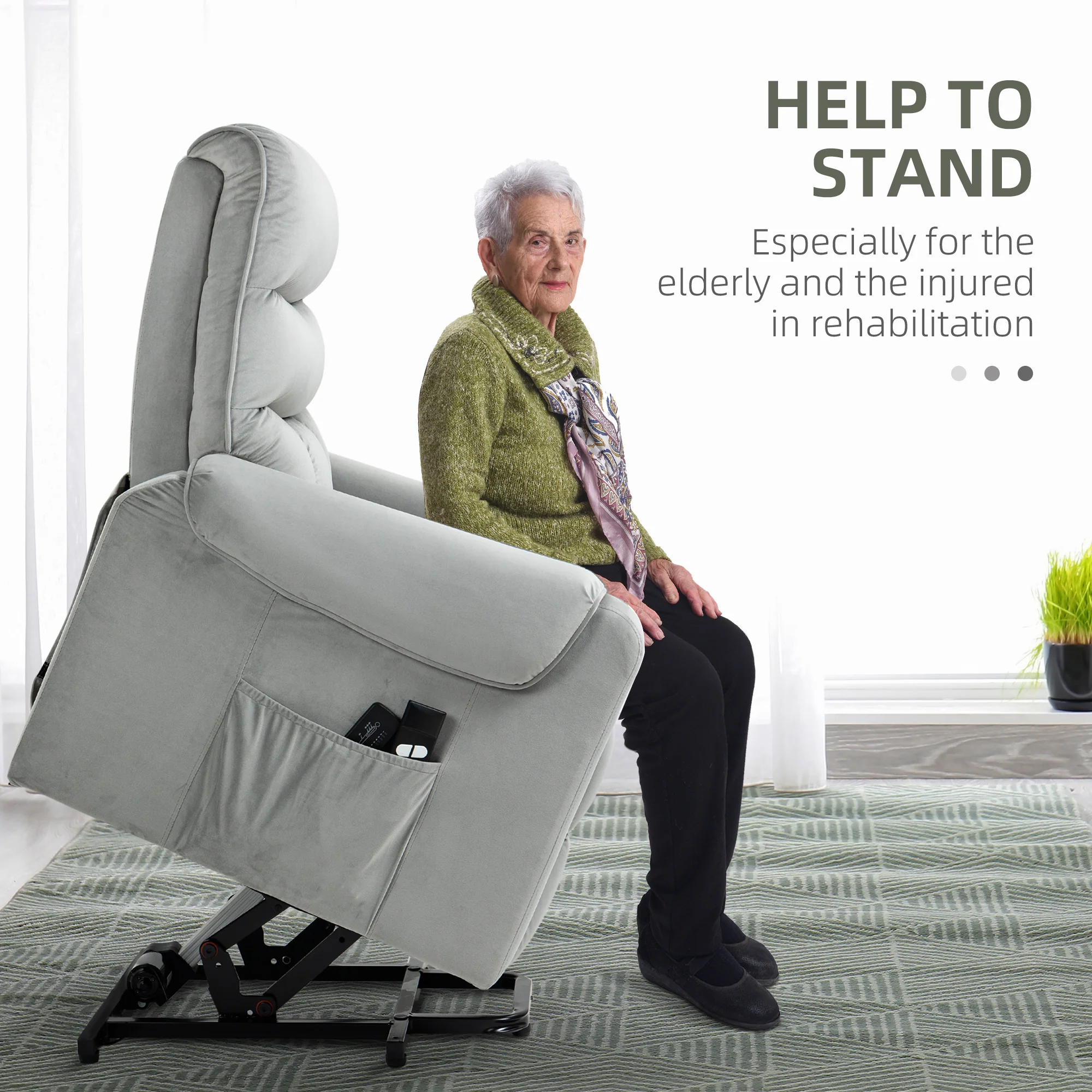 Electric Lift Recliner Chair with 8 Vibration Massage Points & Side Pocket, Grey - Image 6