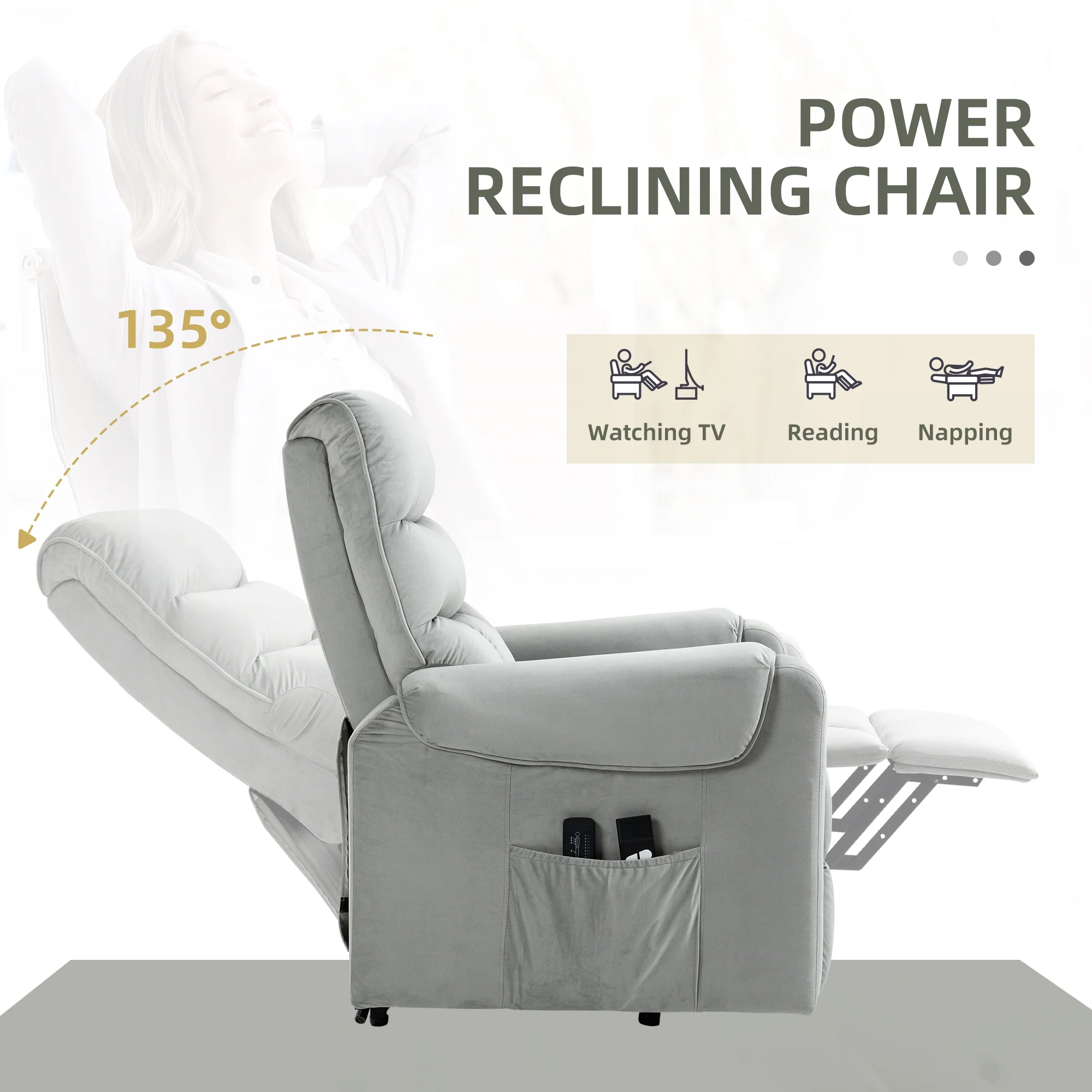 Electric Lift Recliner Chair with 8 Vibration Massage Points & Side Pocket, Grey - Image 7
