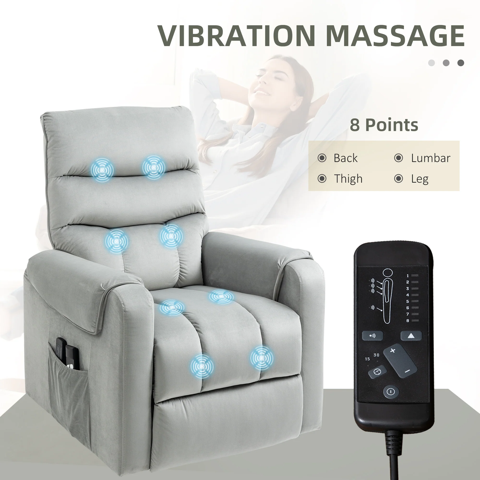 Electric Lift Recliner Chair with 8 Vibration Massage Points & Side Pocket, Grey - Image 8