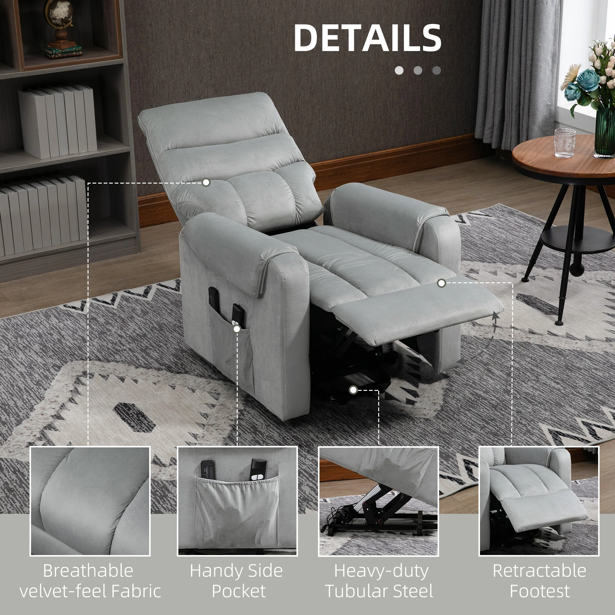 Electric Lift Recliner Chair with 8 Vibration Massage Points & Side Pocket, Grey - Image 9