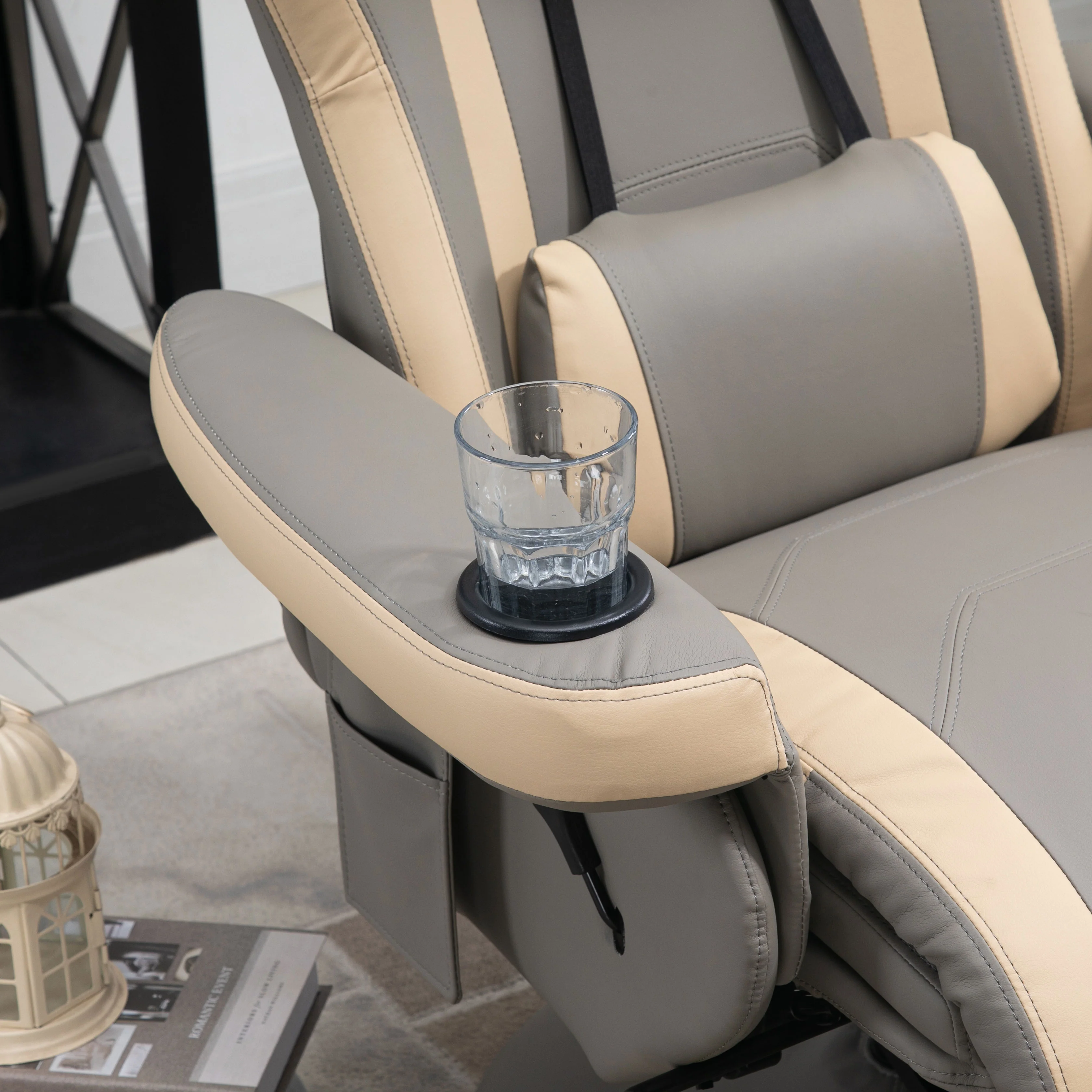 PU Leather Gaming Chair, Swivel Manual Recliner with Footrest, Headrest & Cup Holder, Grey - Image 11