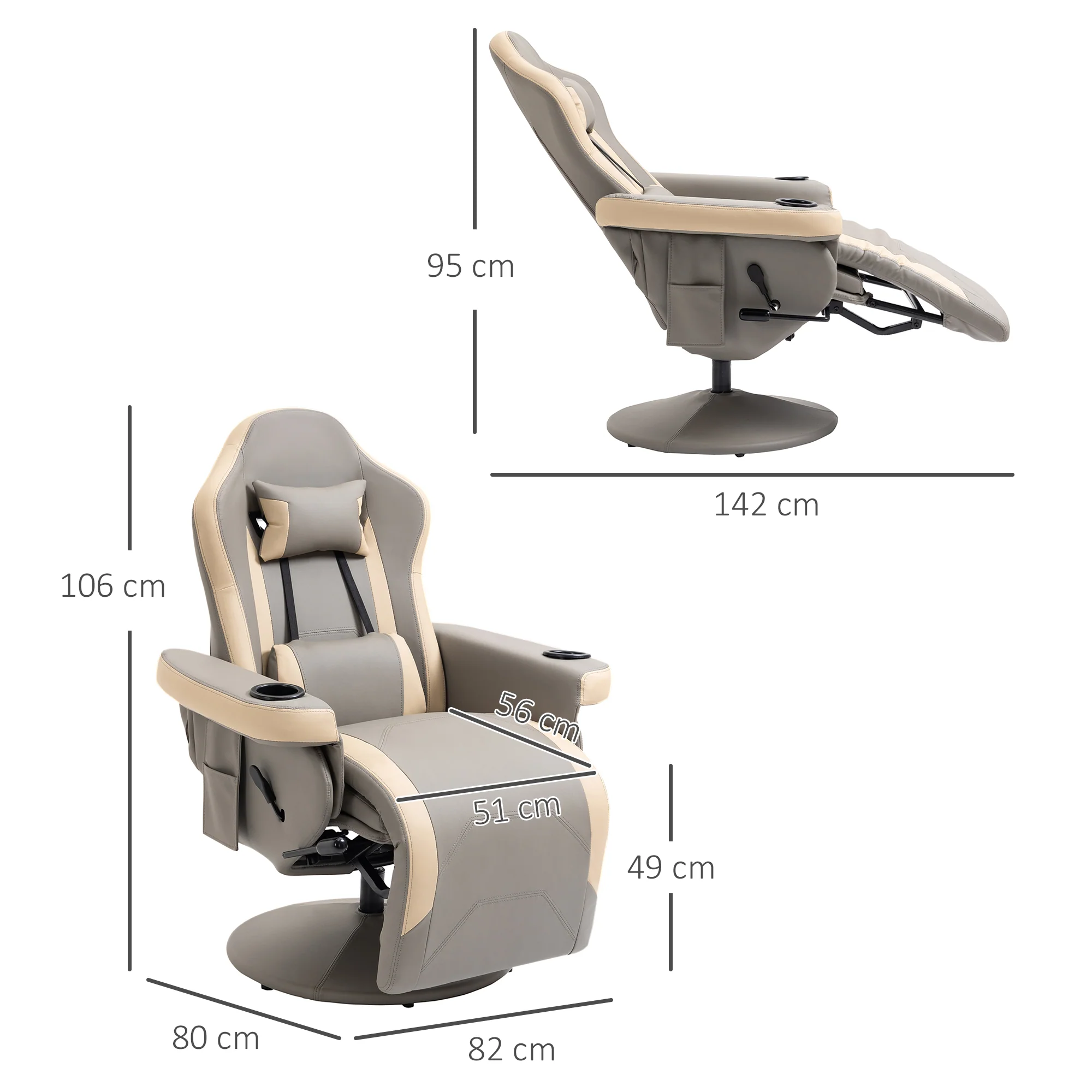 PU Leather Gaming Chair, Swivel Manual Recliner with Footrest, Headrest & Cup Holder, Grey - Image 5