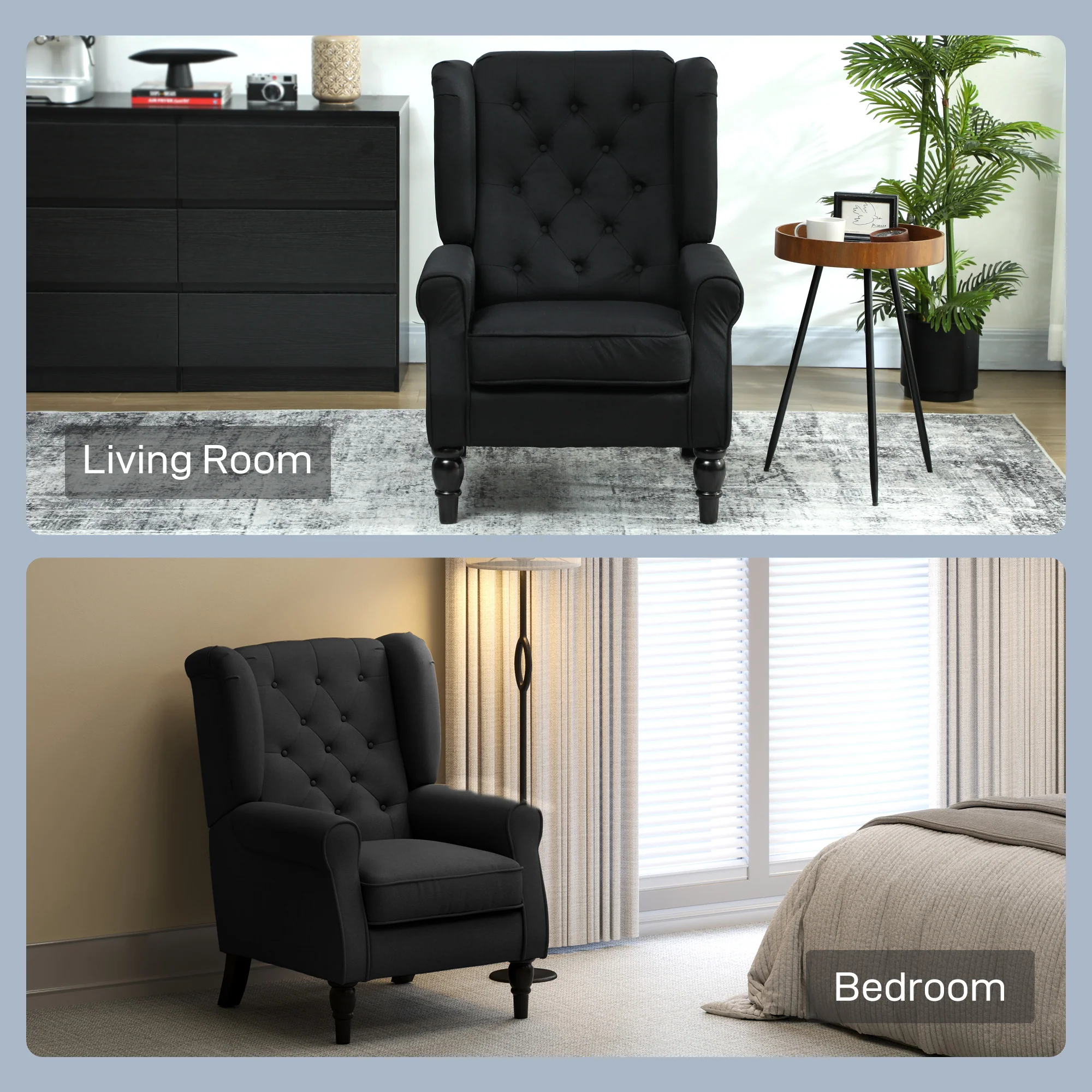 Retro Accent Chair, Linen Wingback Armchair with Wood Frame Button Tufted Design for Living Room Bedroom, Black - Image 10