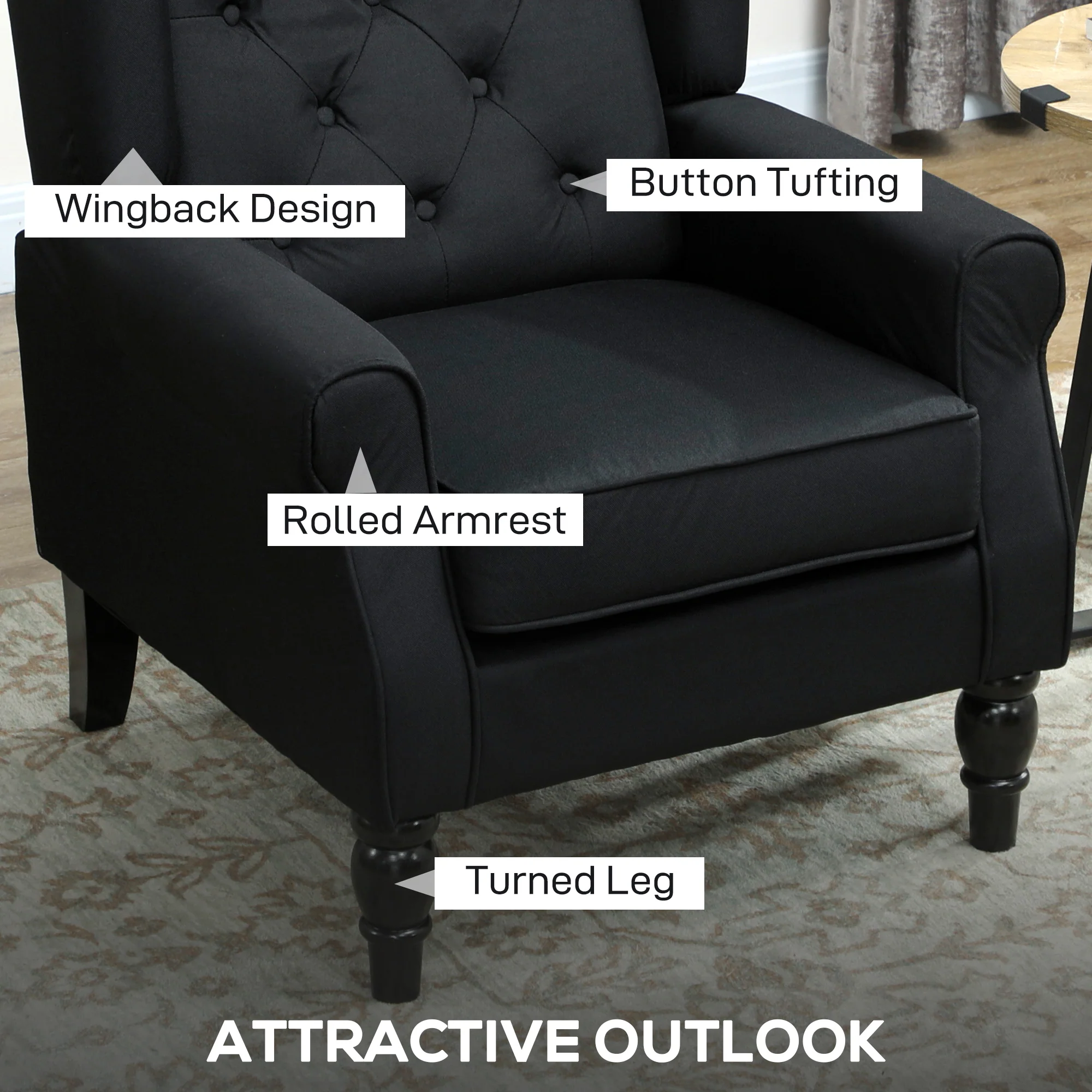 Retro Accent Chair, Linen Wingback Armchair with Wood Frame Button Tufted Design for Living Room Bedroom, Black - Image 6