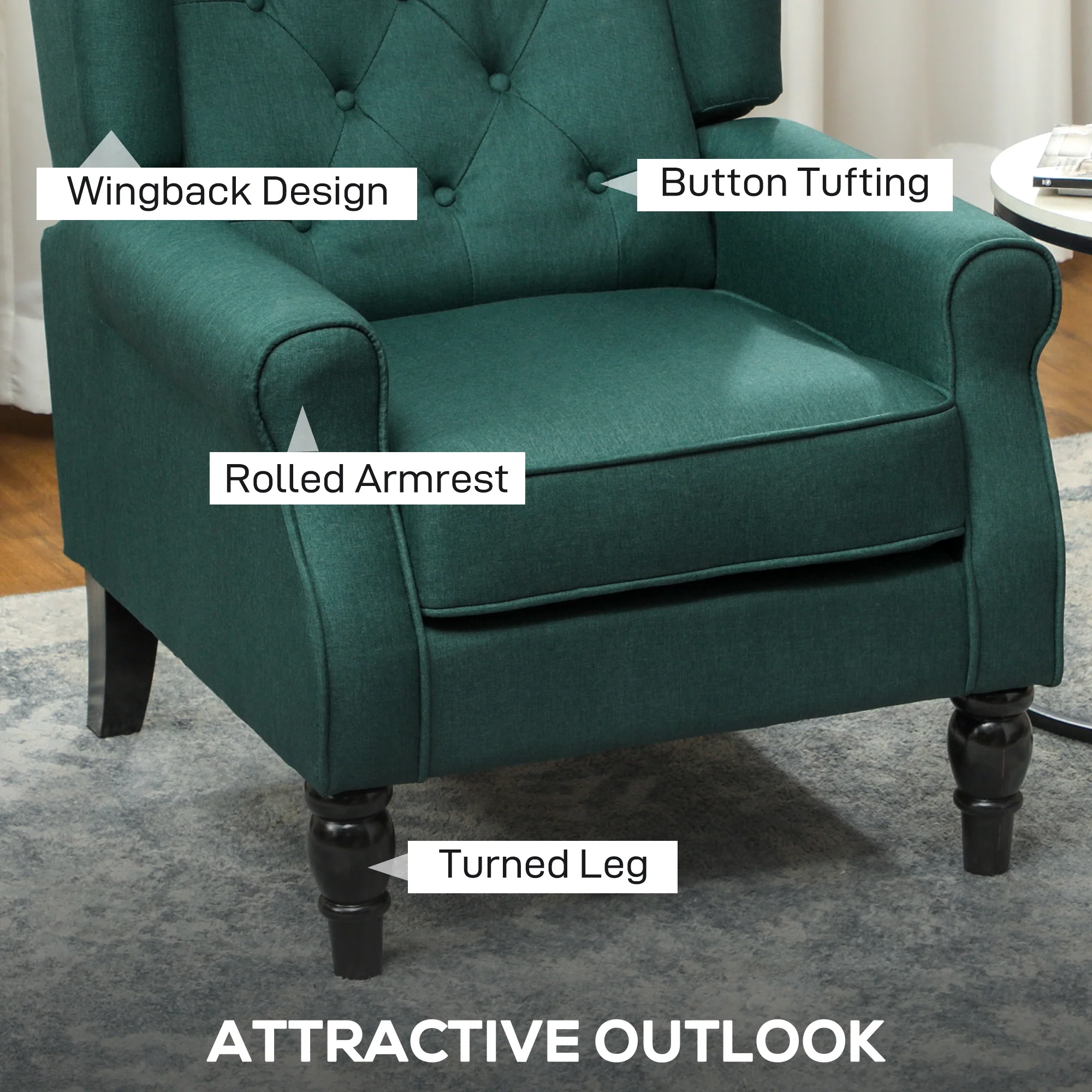 Retro Accent Chair, Linen Wingback Armchair with Wood Frame Button Tufted Design for Living Room Bedroom, Dark Green - Image 6