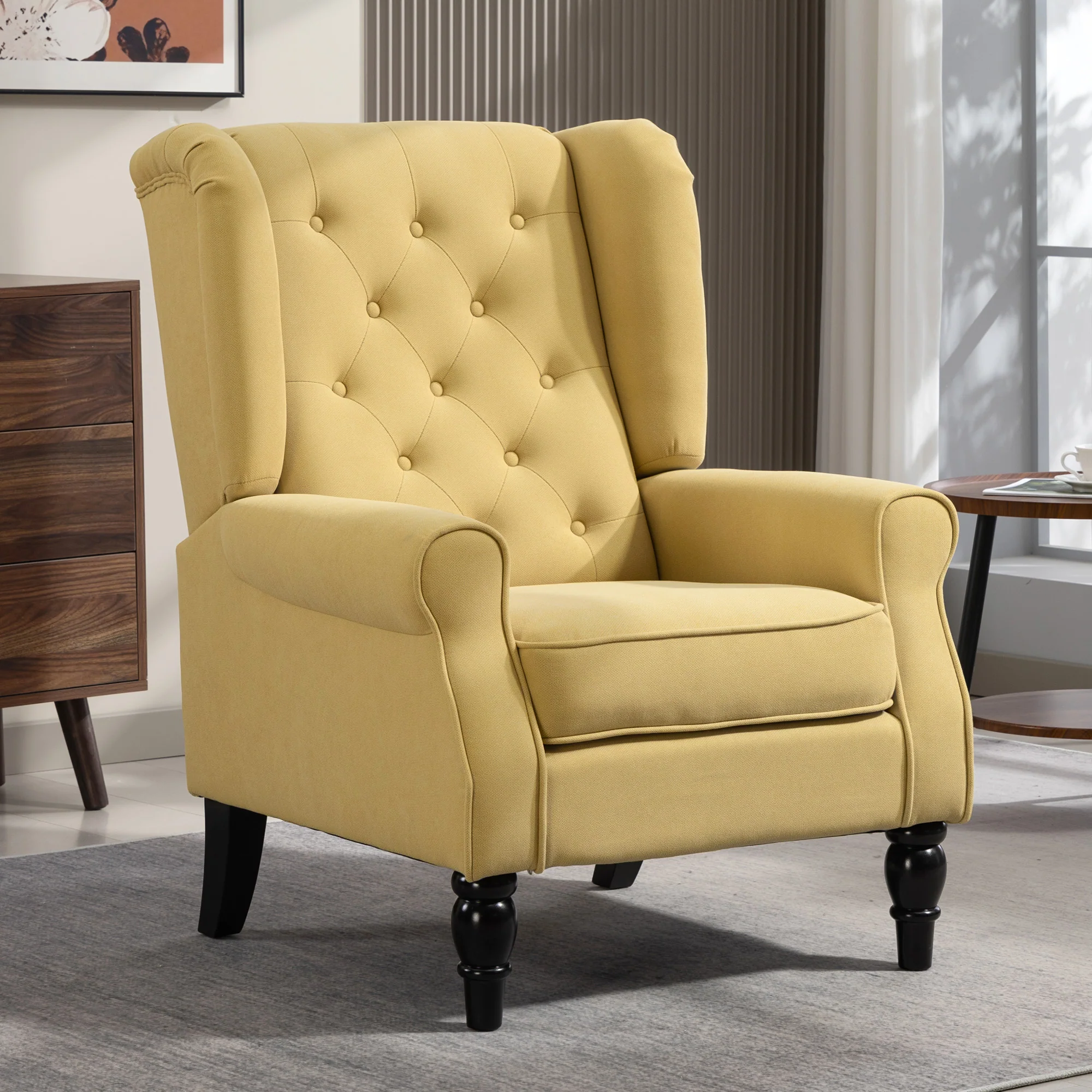 Retro Accent Chair, Snow Flannel Wingback Armchair with Wood Frame Button Tufted Design for Living Room Bedroom, Yellow - Image 4
