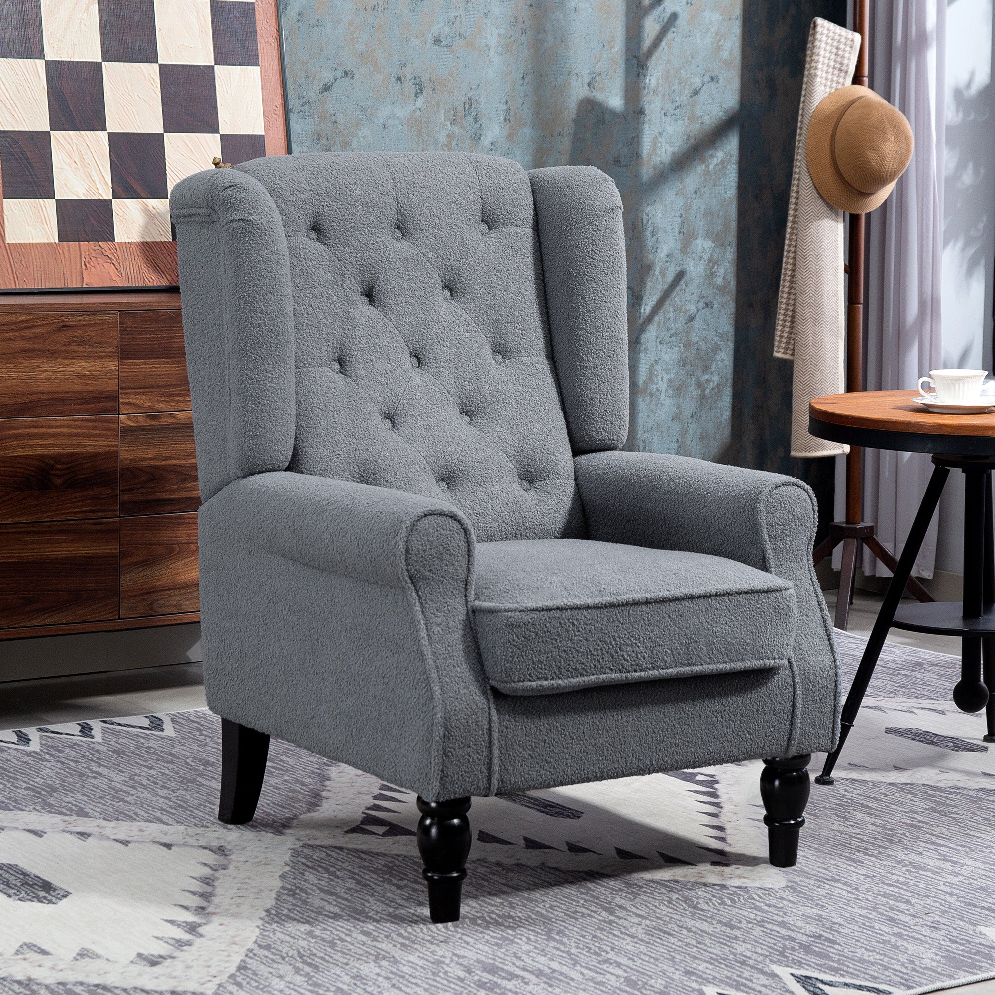 Retro Accent Chair, Teddy Fleece Wingback Armchair with Wood Frame Button Tufted Design for Living Room Bedroom, Grey - Image 3
