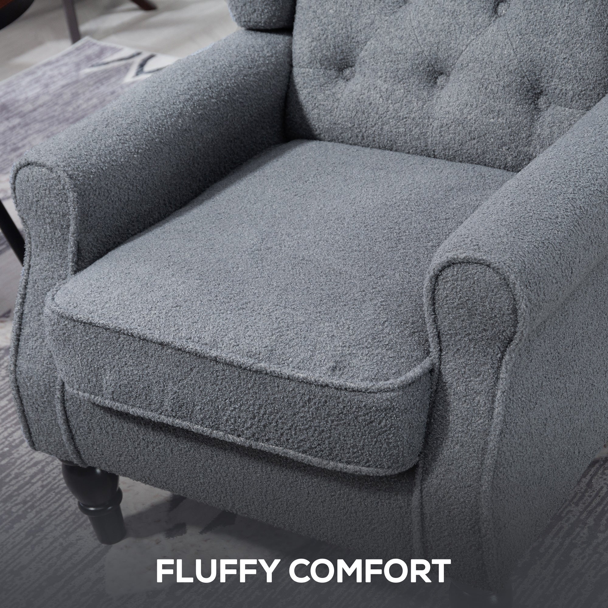 Retro Accent Chair, Teddy Fleece Wingback Armchair with Wood Frame Button Tufted Design for Living Room Bedroom, Grey - Image 8