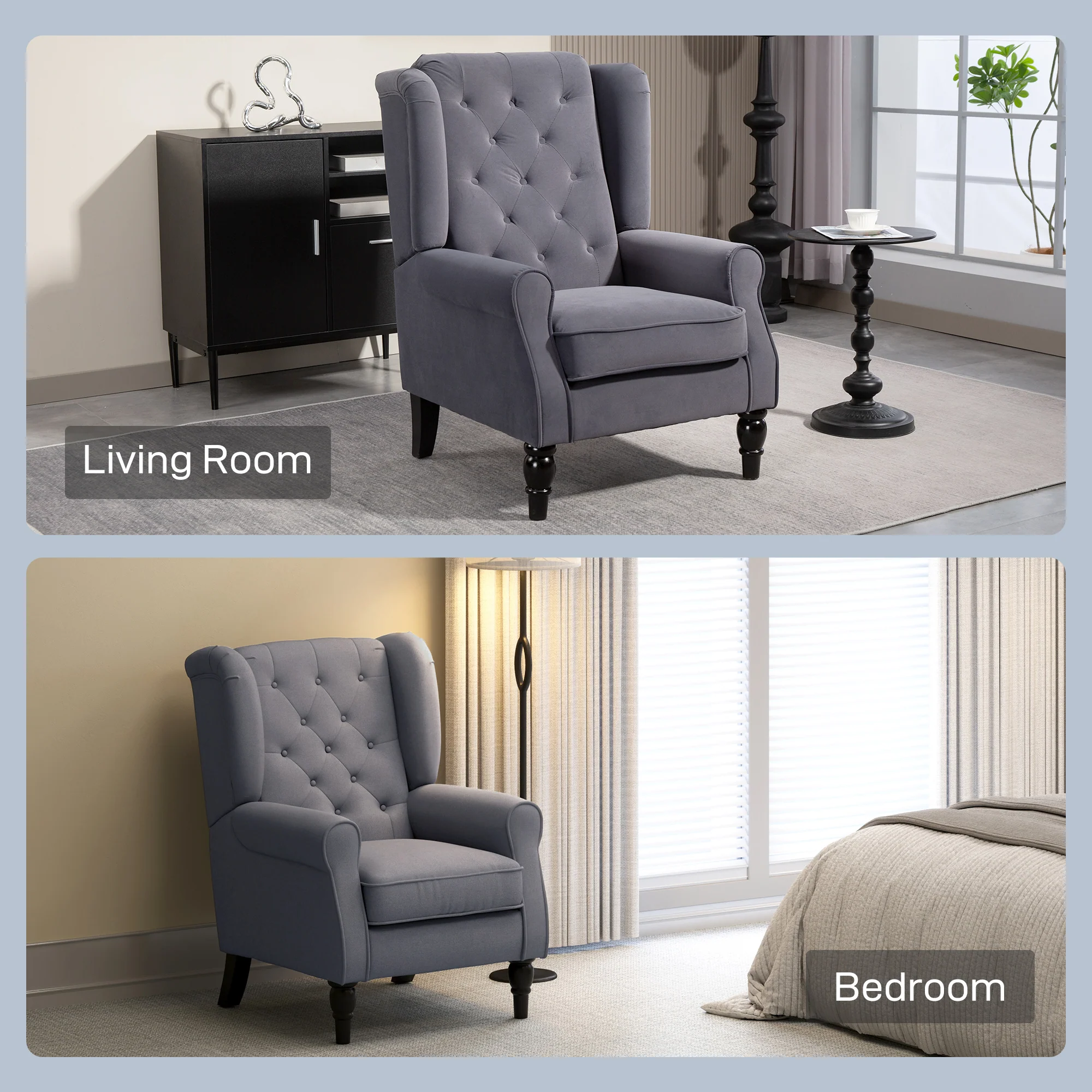 Retro Accent Chair, Velvet Wingback Armchair with Wood Frame Button Tufted Design for Living Room Bedroom, Charcoal Grey - Image 10