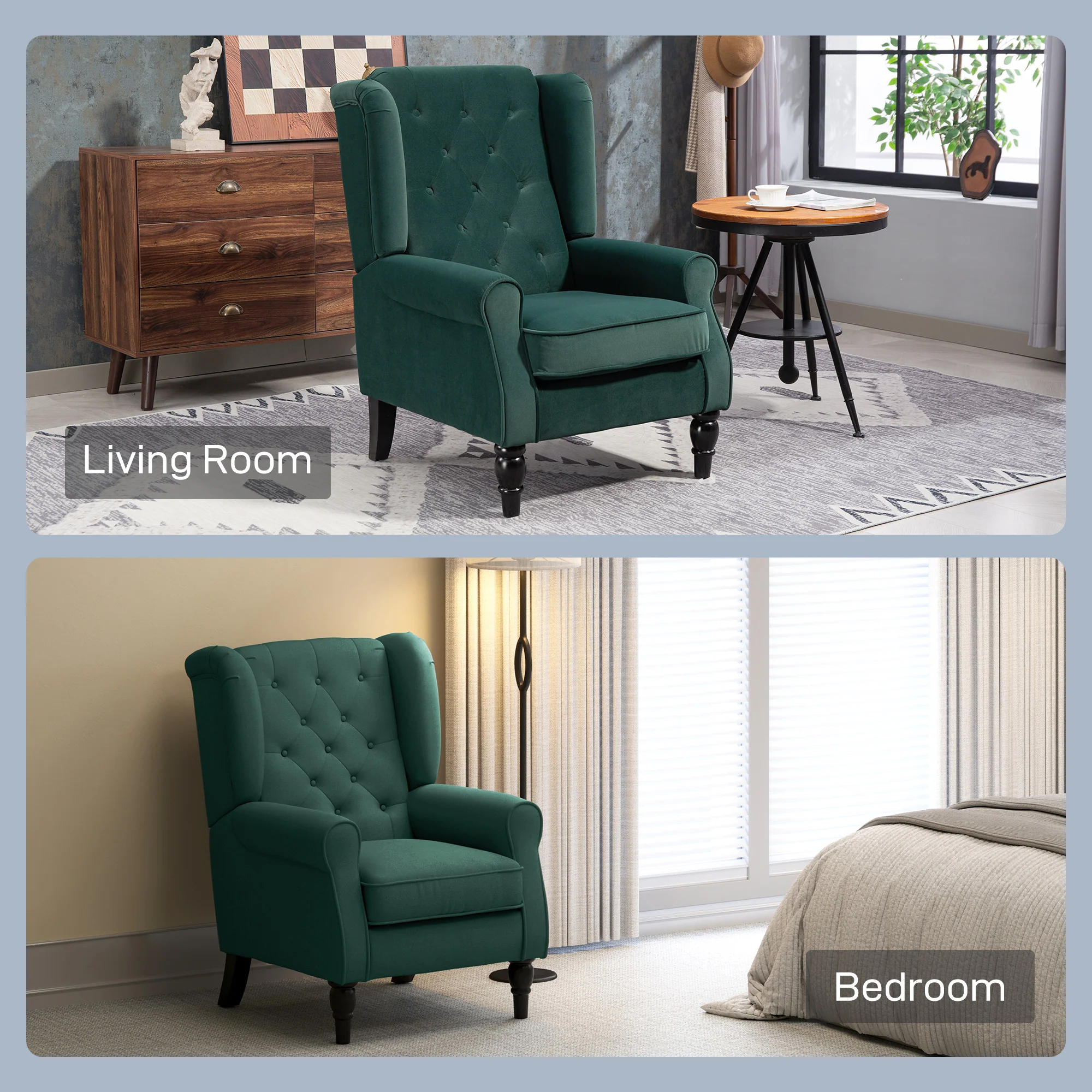Retro Accent Chair, Velvet Wingback Armchair with Wood Frame Button Tufted Design for Living Room Bedroom, Green - Image 10