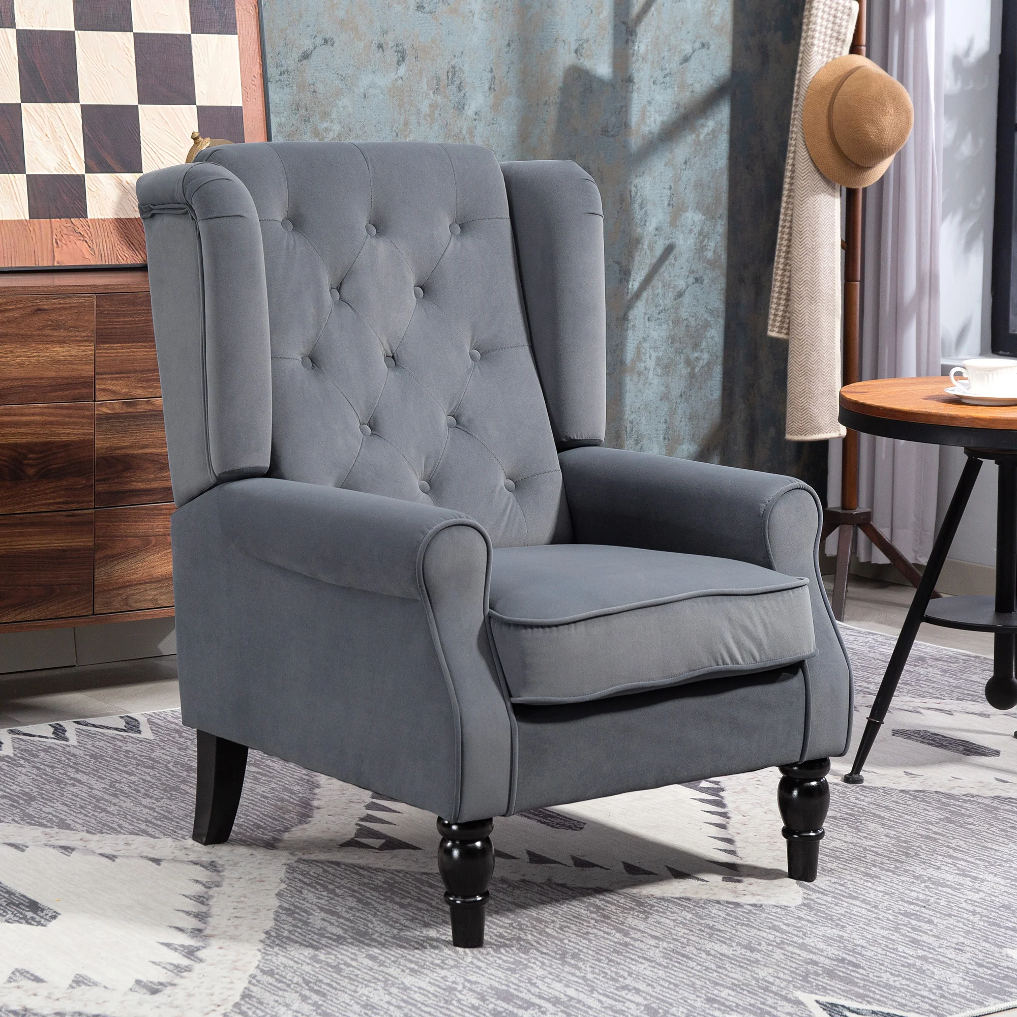 Retro Accent Chair, Velvet Wingback Armchair with Wood Frame Button Tufted Design for Living Room Bedroom, Grey - Image 4