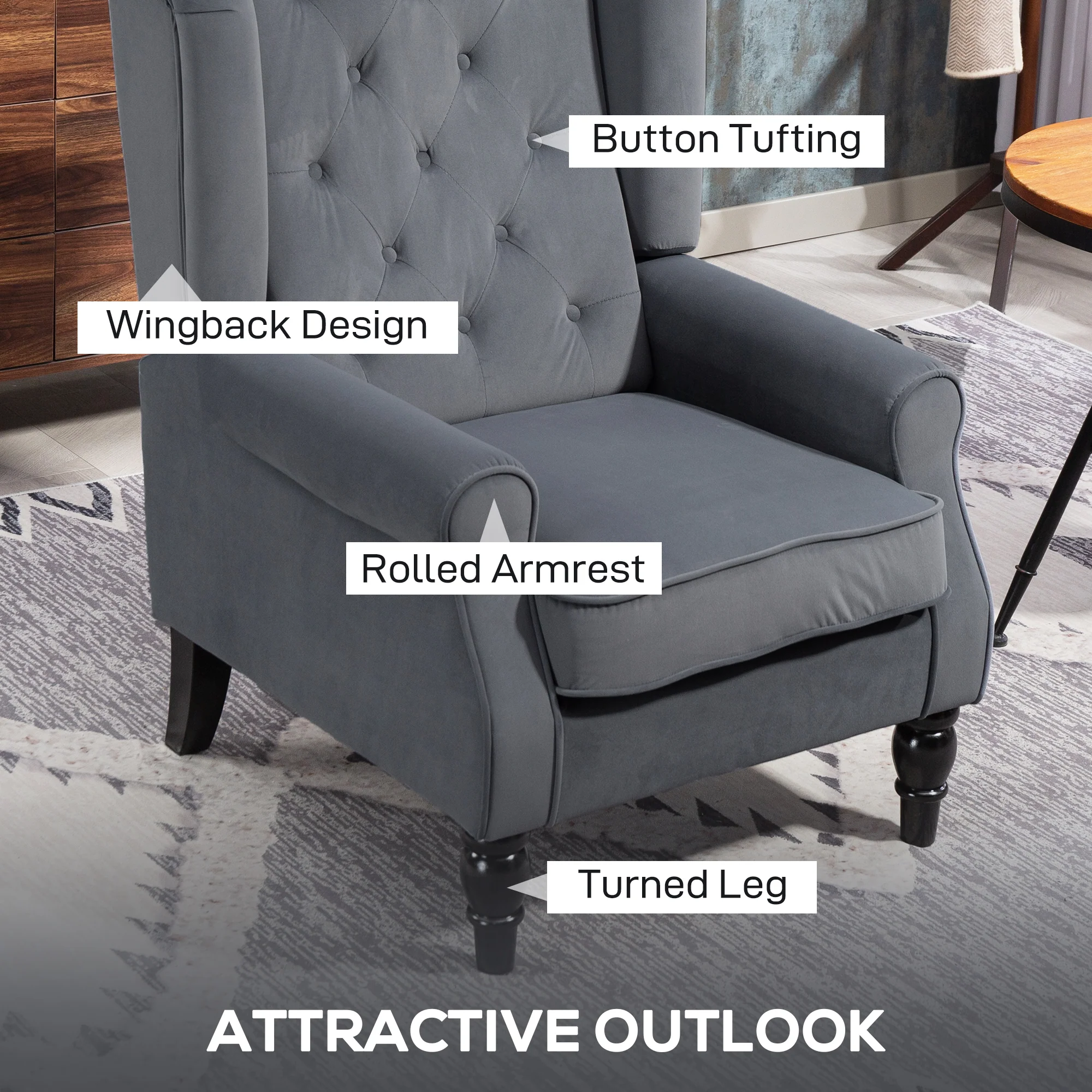 Retro Accent Chair, Velvet Wingback Armchair with Wood Frame Button Tufted Design for Living Room Bedroom, Grey - Image 6