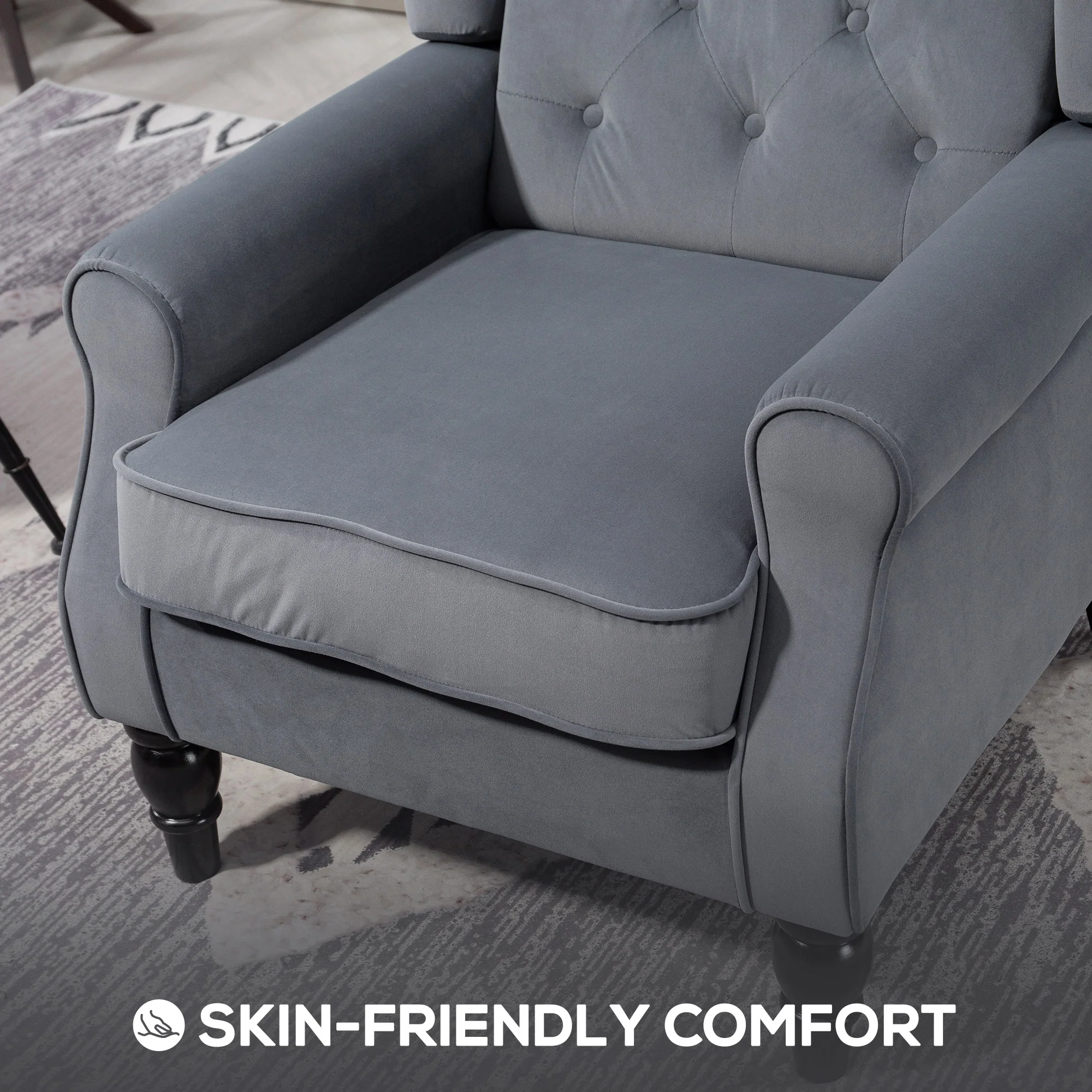 Retro Accent Chair, Velvet Wingback Armchair with Wood Frame Button Tufted Design for Living Room Bedroom, Grey - Image 8