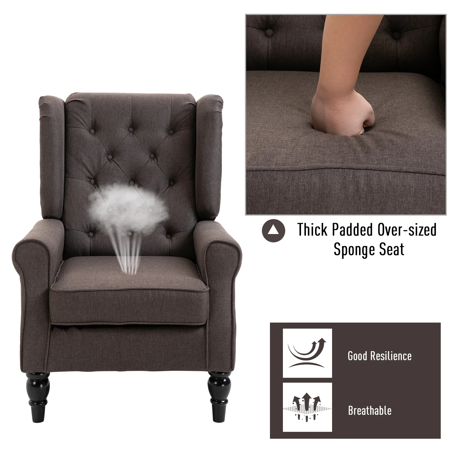 Retro Button Tufted Accent Armchair with Wooden Frame and Legs for Living Room, Bedroom, Brown - Image 6