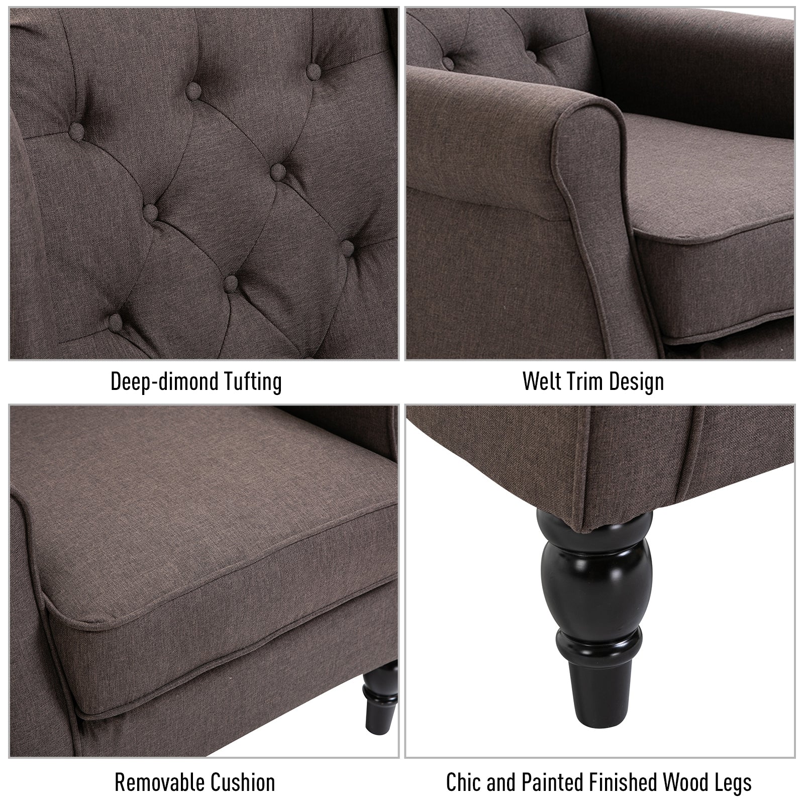 Retro Button Tufted Accent Armchair with Wooden Frame and Legs for Living Room, Bedroom, Brown - Image 7