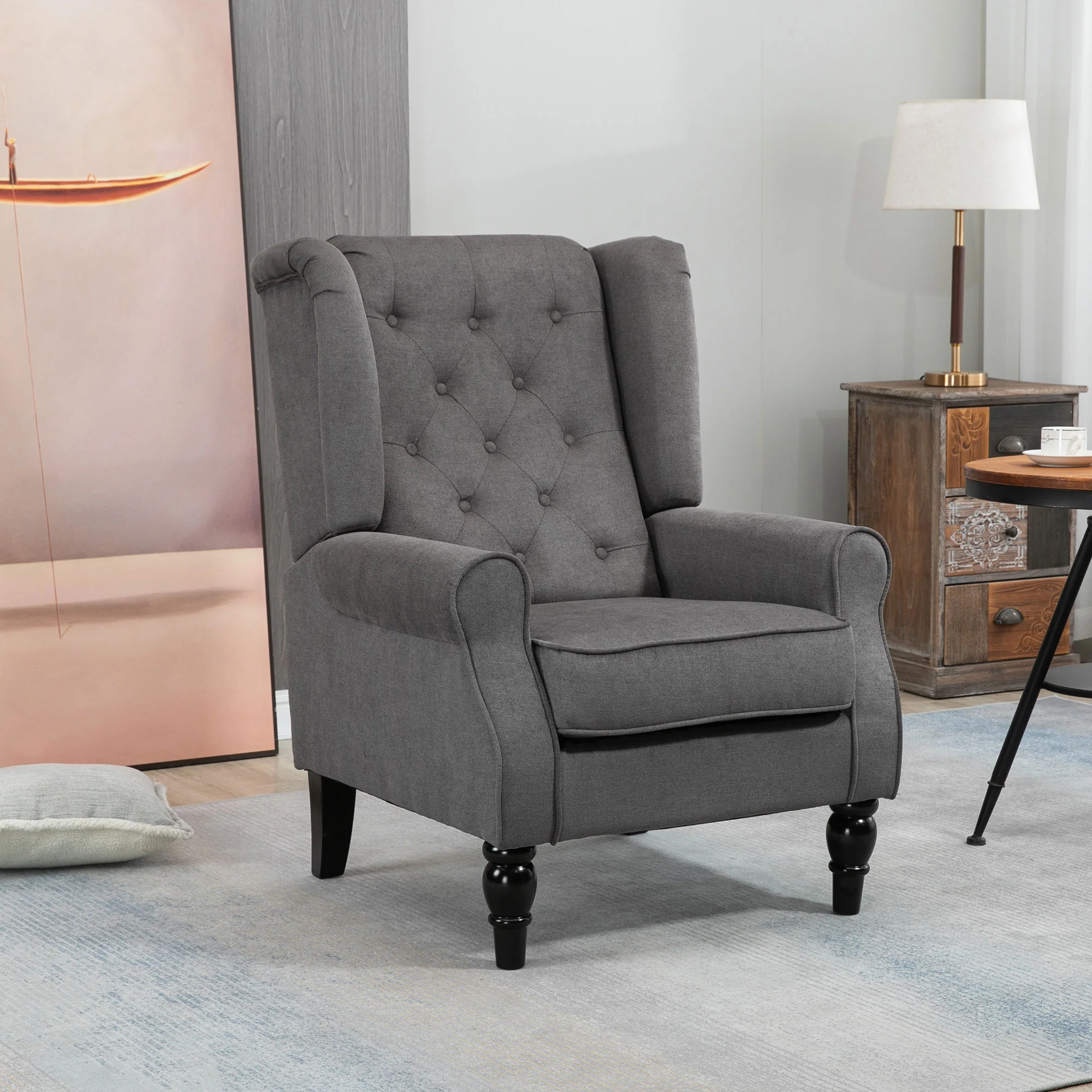 Retro Button Tufted Accent Armchair with Wooden Frame and Legs for Living Room, Bedroom, Dark Grey - Image 12
