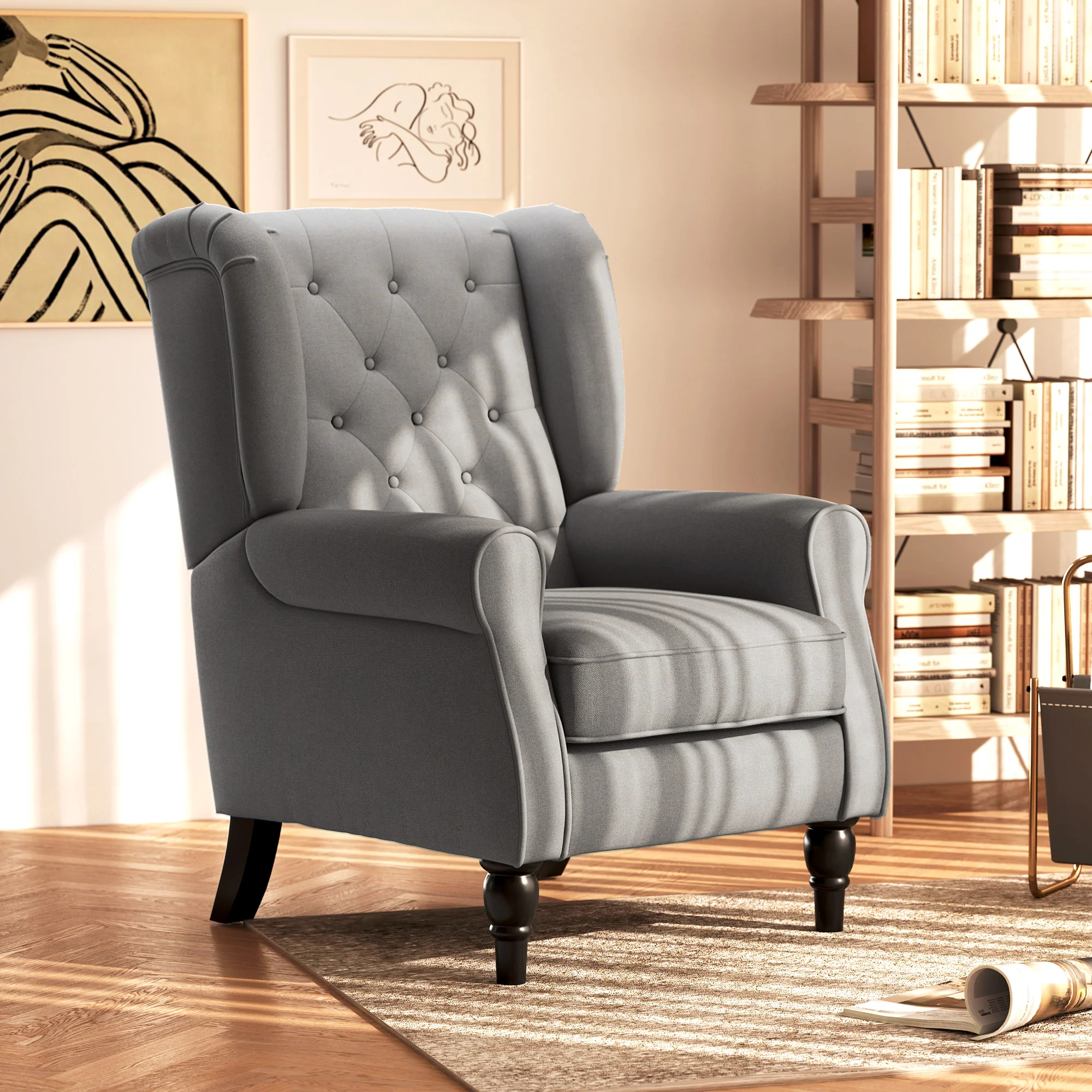 Retro Button Tufted Accent Armchair with Wooden Frame and Legs for Living Room, Bedroom, Dark Grey - Image 3