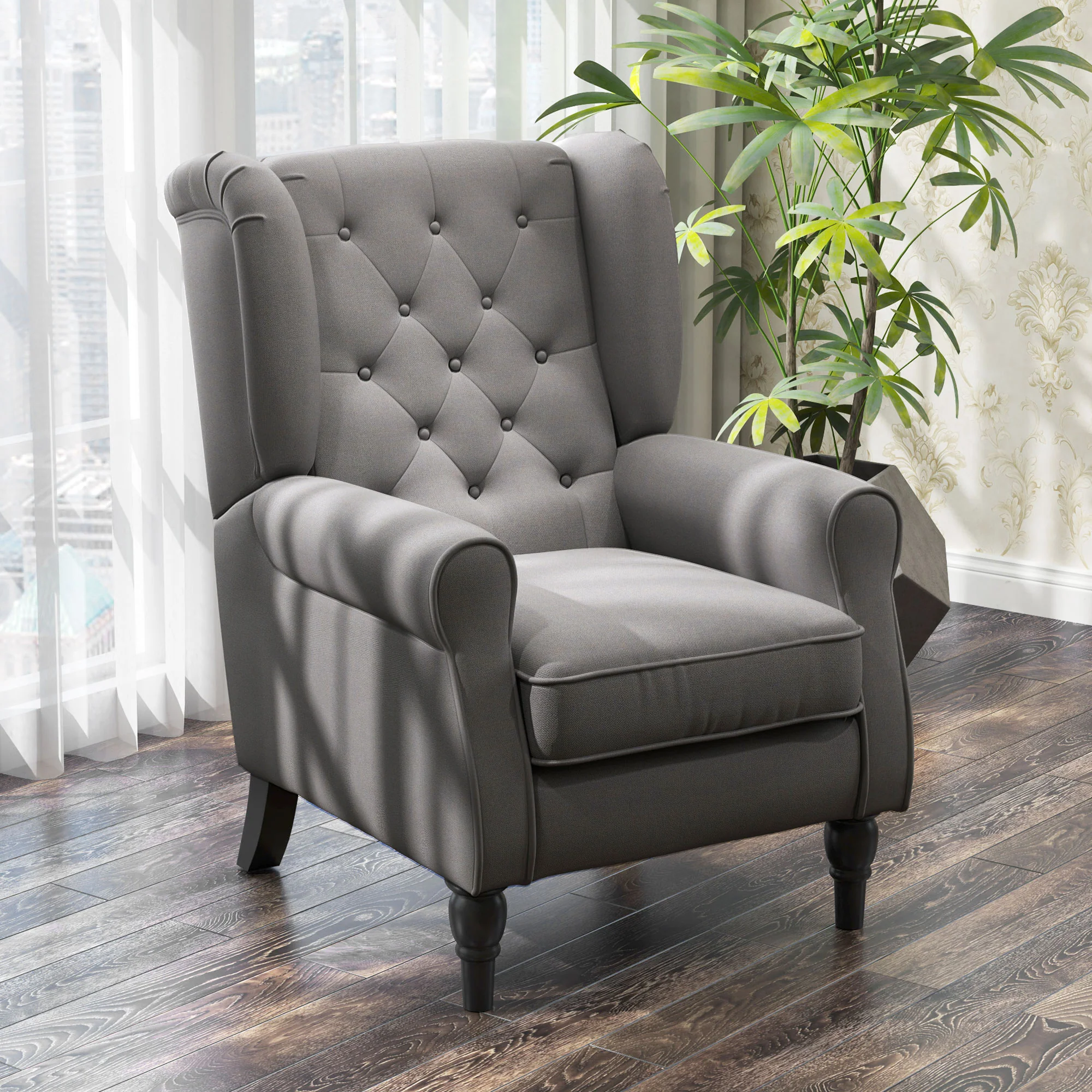 Retro Button Tufted Accent Armchair with Wooden Frame and Legs for Living Room, Bedroom, Dark Grey - Image 4