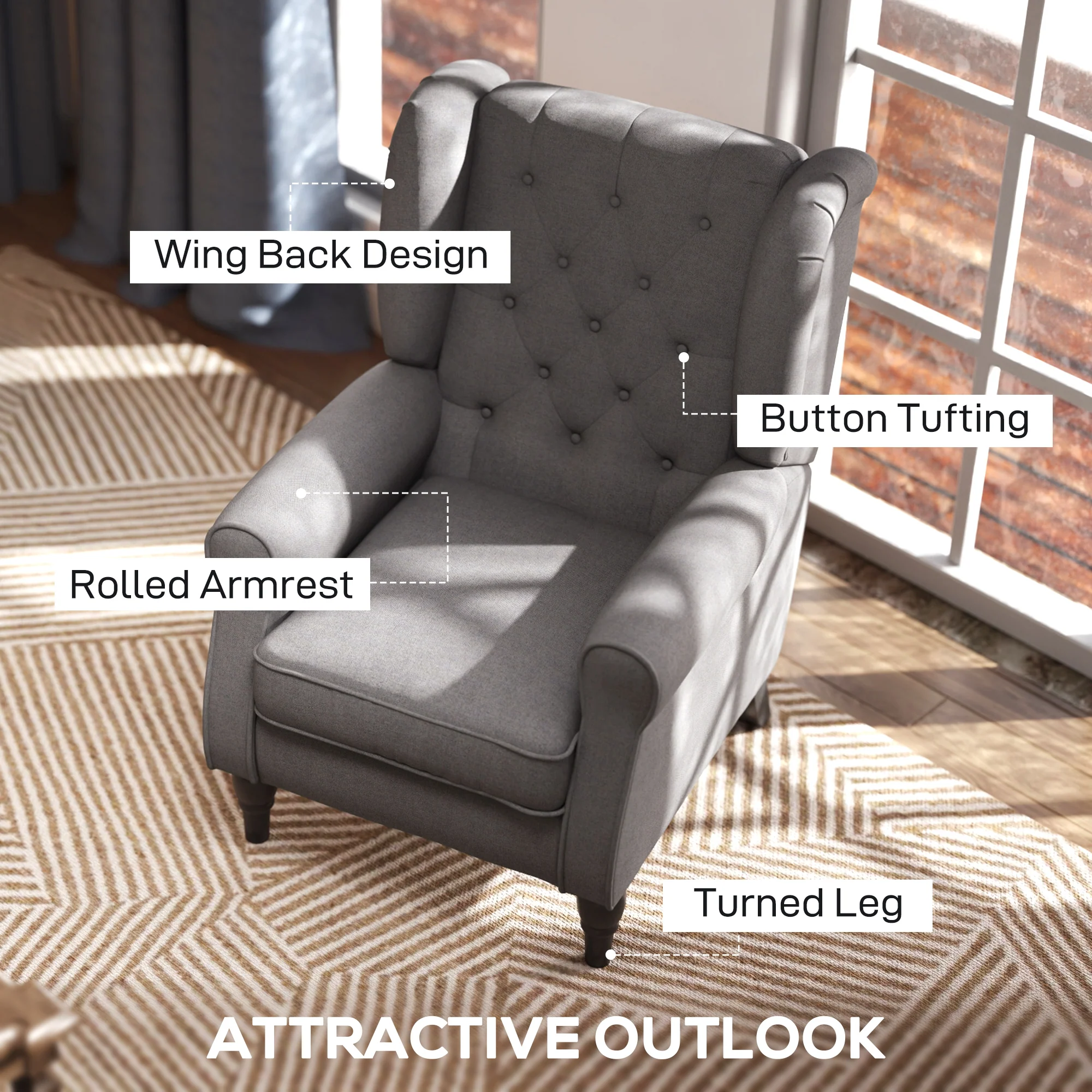 Retro Button Tufted Accent Armchair with Wooden Frame and Legs for Living Room, Bedroom, Dark Grey - Image 7