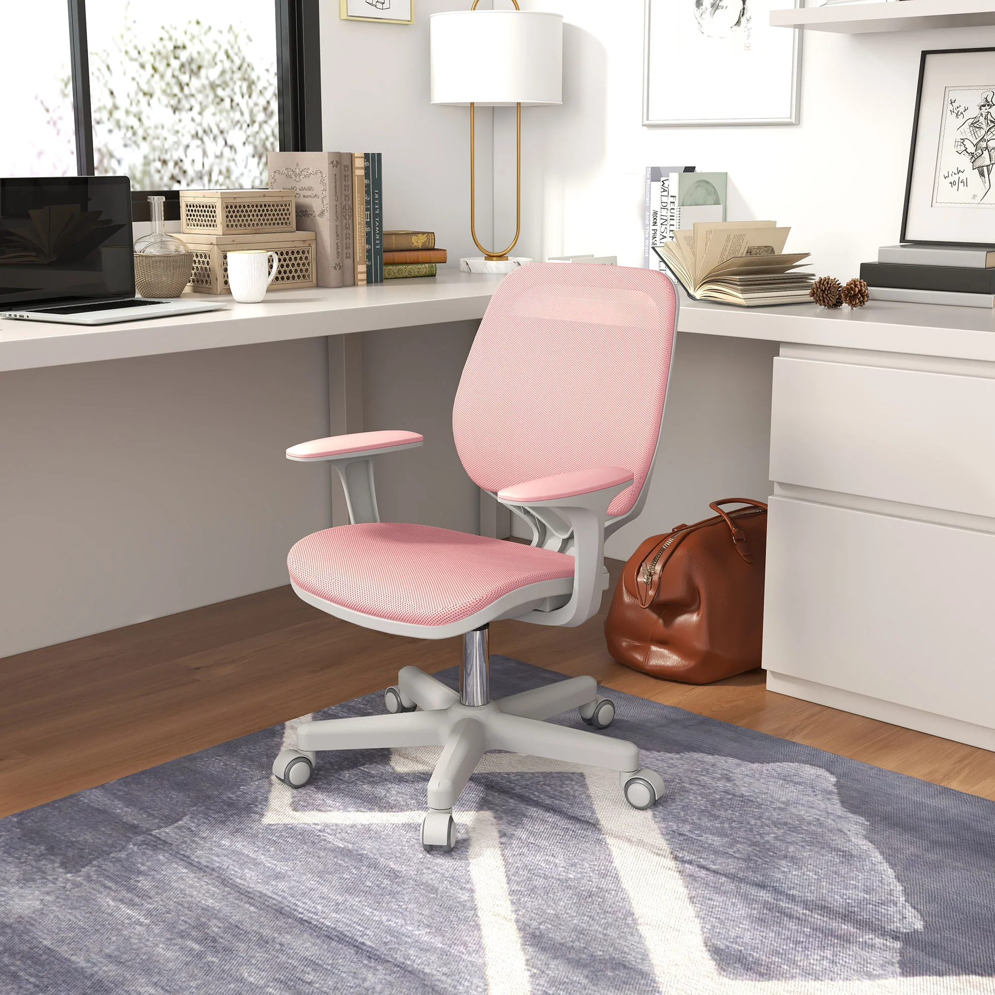 Mesh Office Chair, Mid Back Desk Chair with Adjustable Height & Swivel Castors, Pink - Image 4