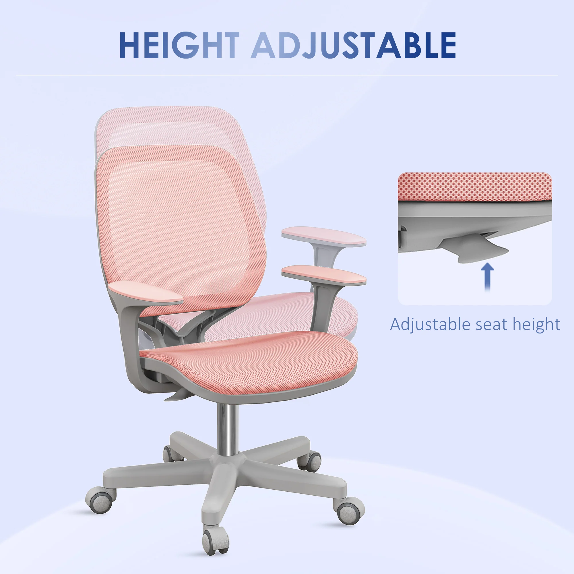 Mesh Office Chair, Mid Back Desk Chair with Adjustable Height & Swivel Castors, Pink - Image 7