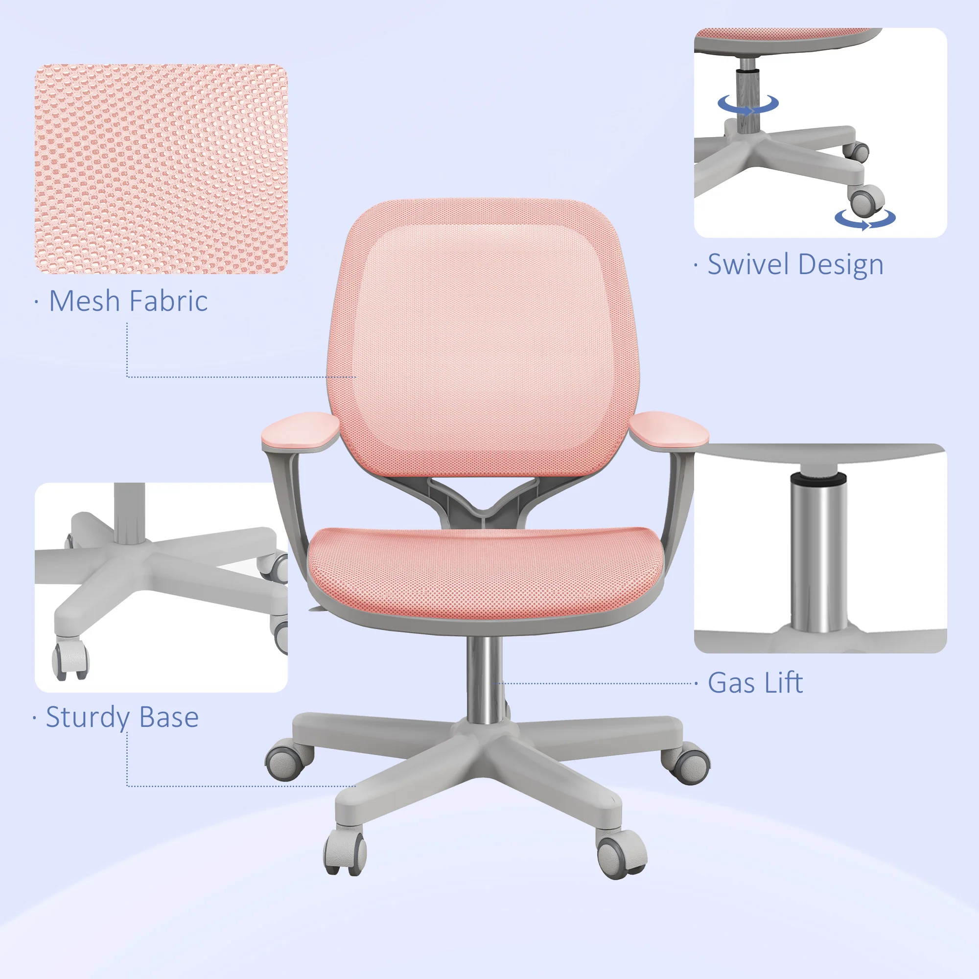 Mesh Office Chair, Mid Back Desk Chair with Adjustable Height & Swivel Castors, Pink - Image 9