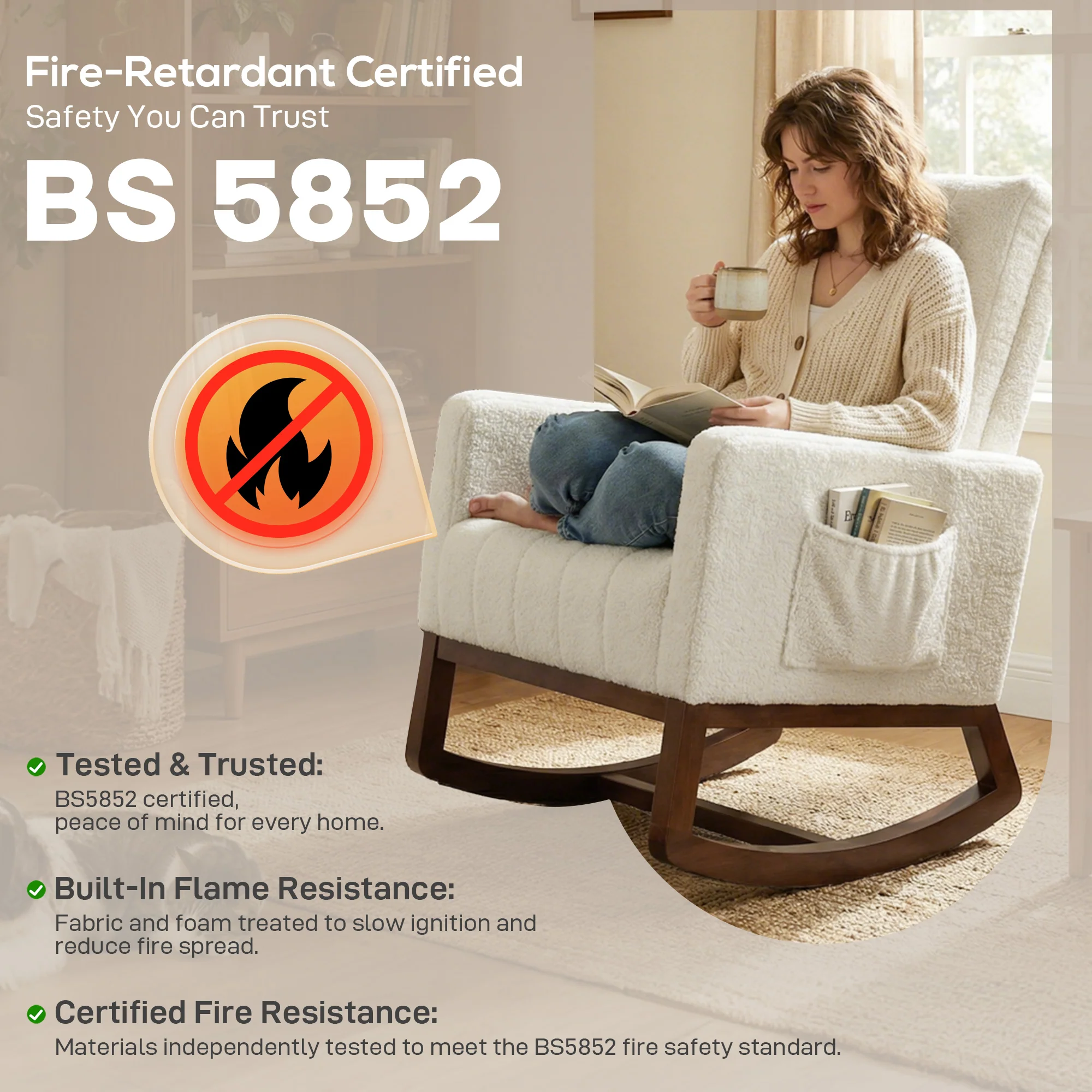 Rocking Chair for Adults, Snow Flannel Upholstered Accent Armchair with Lumbar Pillow, High Back, Wood Base, Side Pockets, Leisure Rocker Lounge Chair for Living Room, Bedroom, Cream White - Image 11
